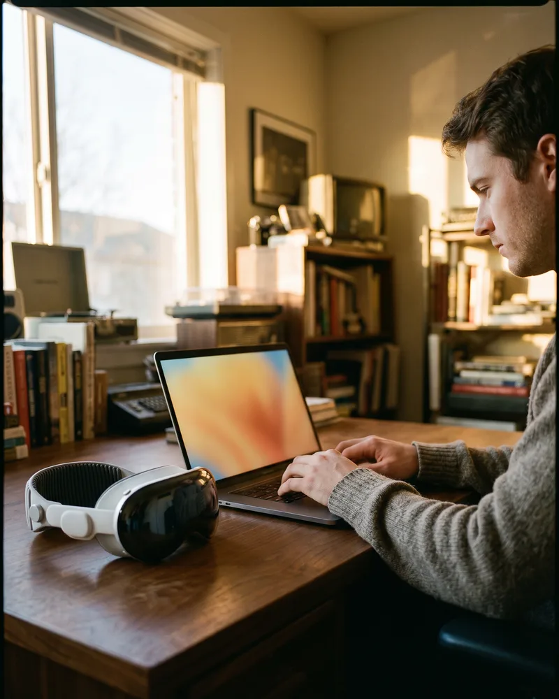 Developer building a visionOS app on a laptop with a spatial computing headset on the desk