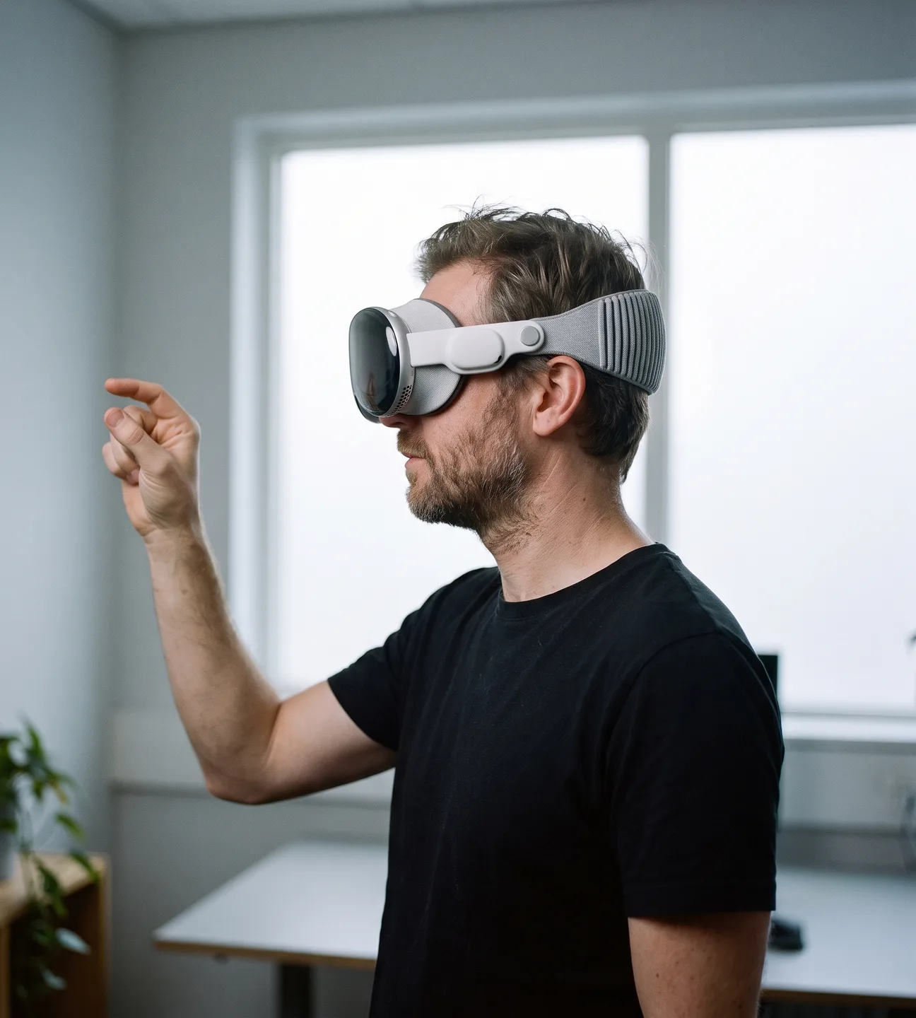 Developer wearing an Apple Vision Pro headset making a pinch gesture in a bright office
