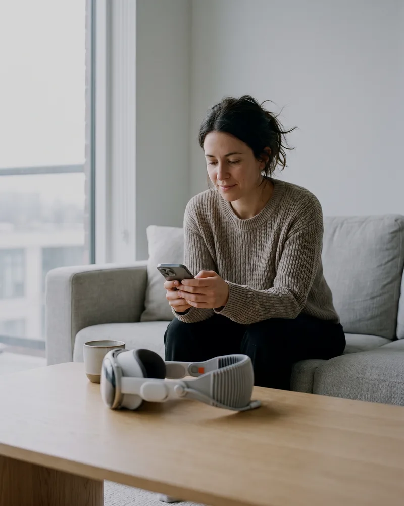 Woman using a smartphone at home with a spatial computing headset resting on the coffee table