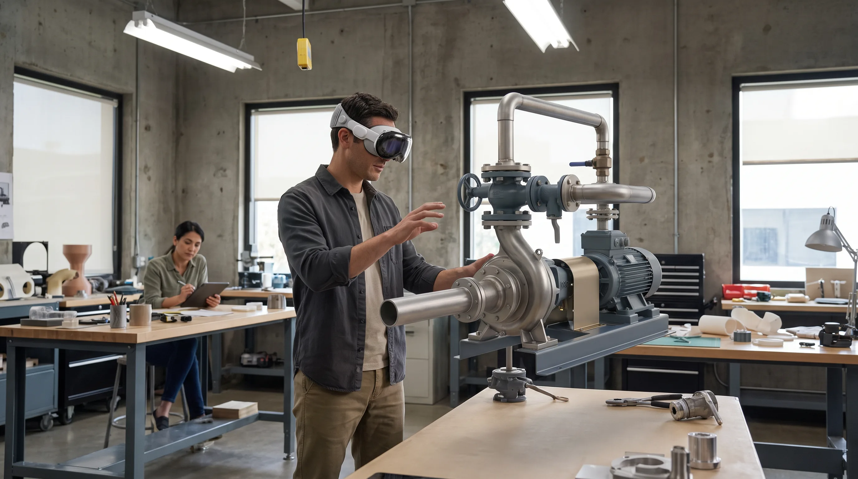 Engineer wearing Apple Vision Pro reviews a 3D digital twin in a design studio