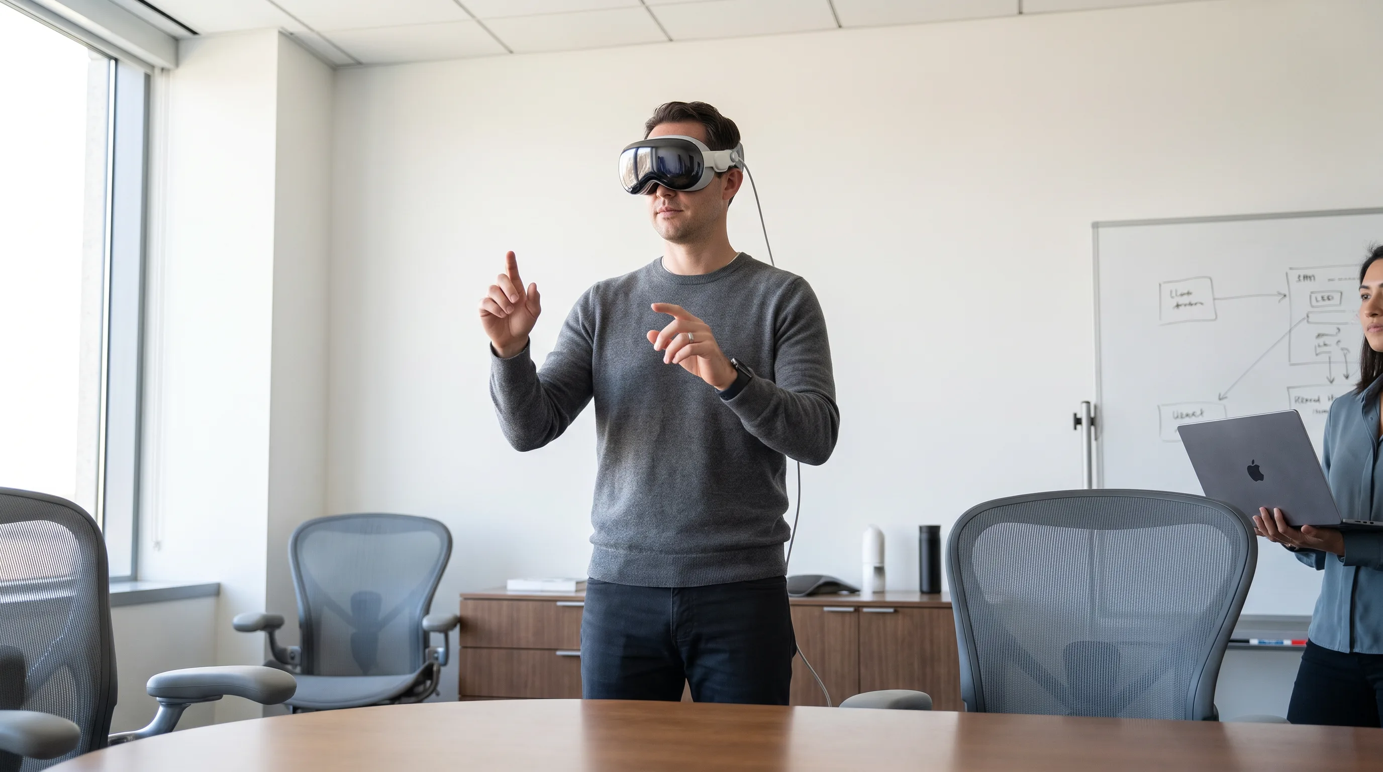 Enterprise professional wearing Apple Vision Pro in a corporate meeting room