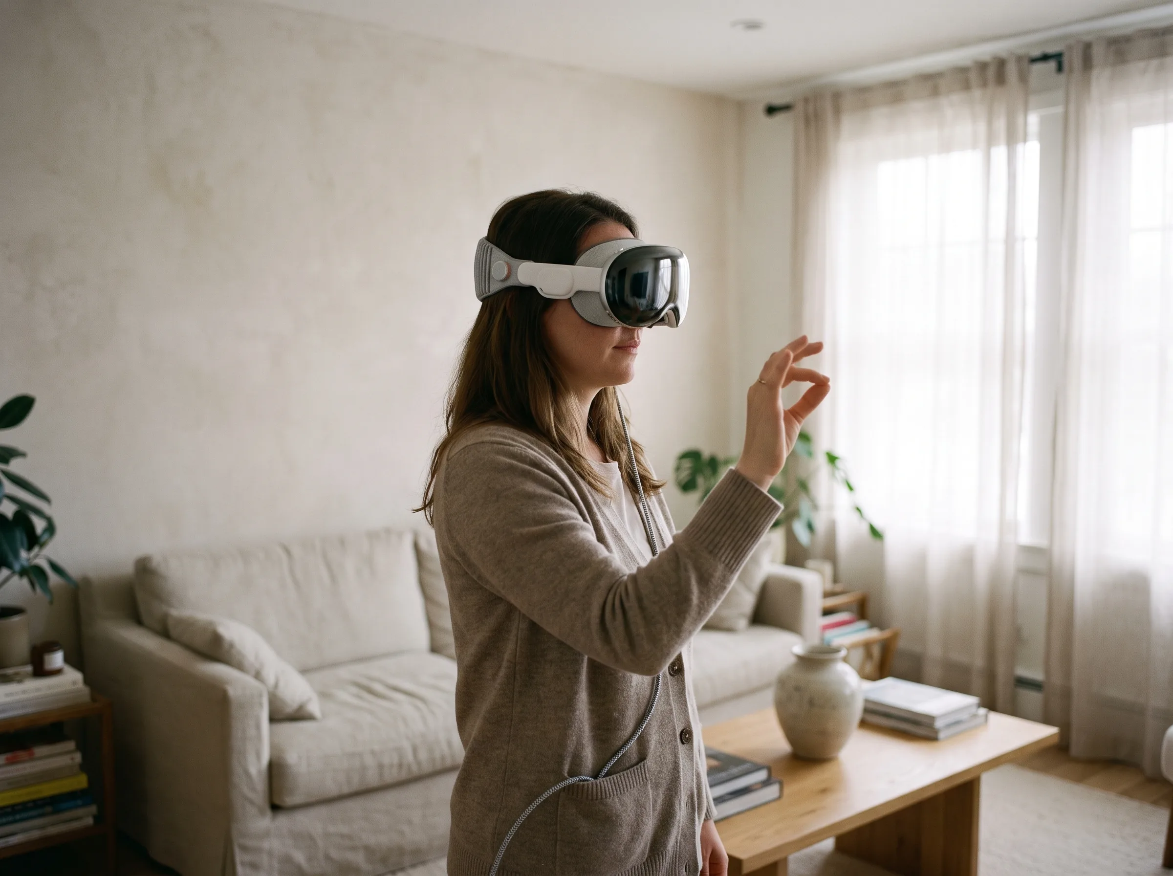 Player wearing an Apple Vision Pro reaching toward a spatial game element in a bright modern interior