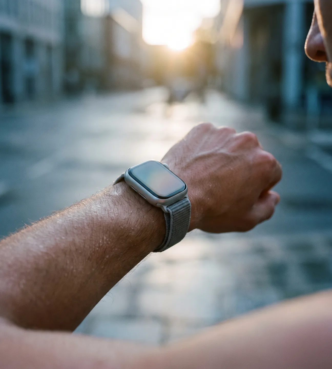 Close-up of a runner’s wrist wearing an Apple Watch on a city street at sunrise