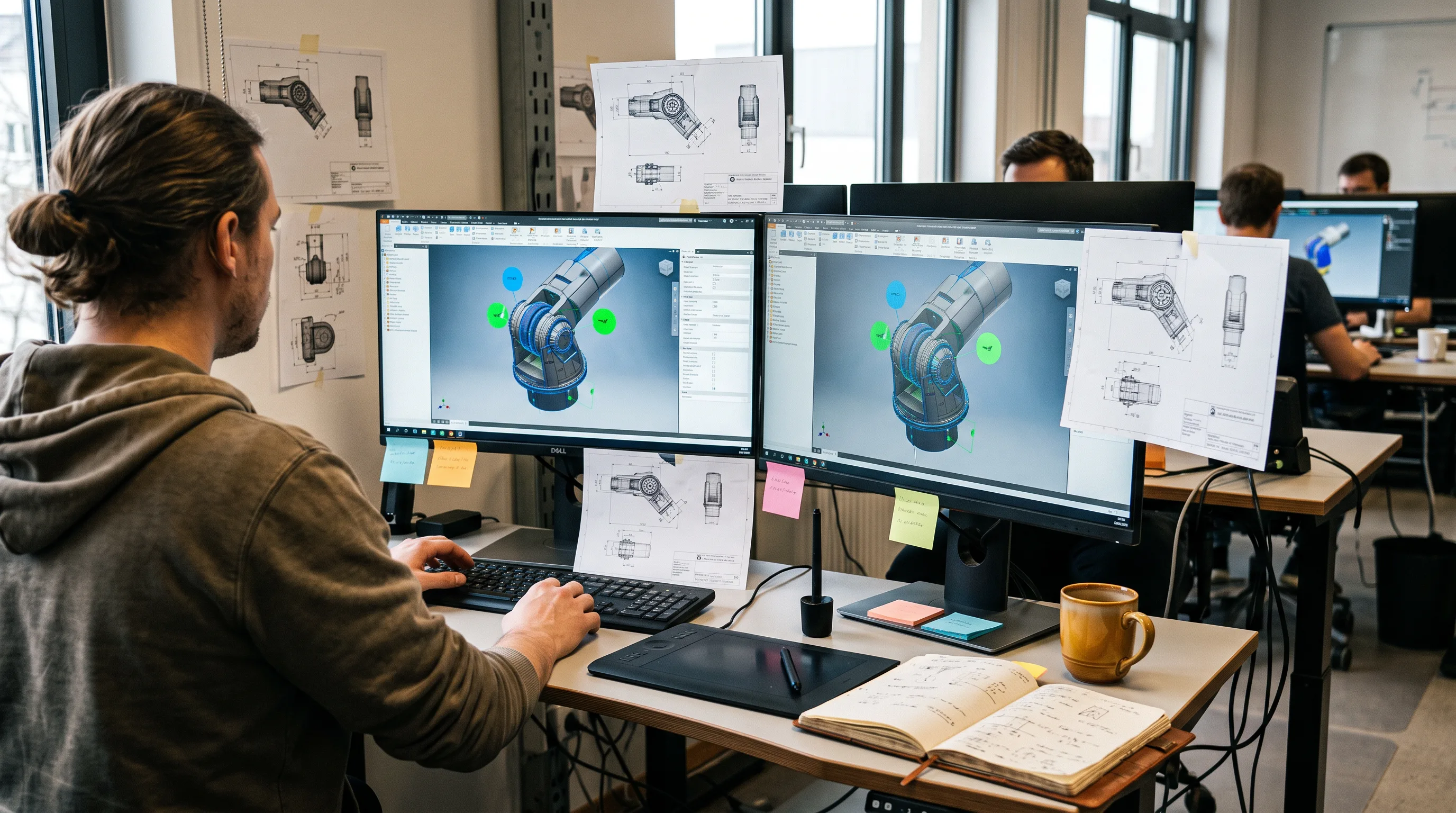 3D engineer reviewing CAD model with AR overlay markers on dual monitors