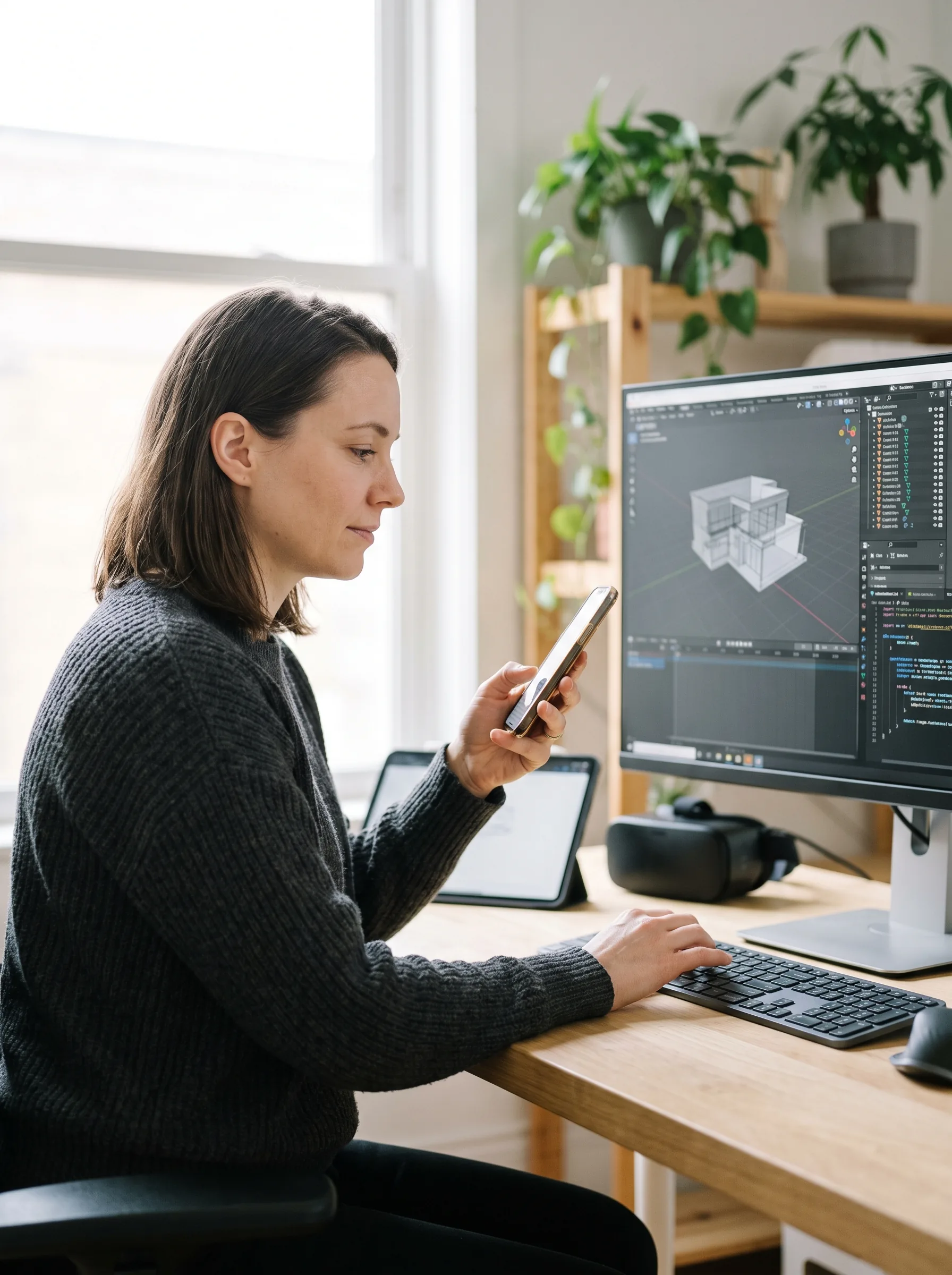 AR app developer testing a build on a phone at a studio desk with 3D tooling on screen