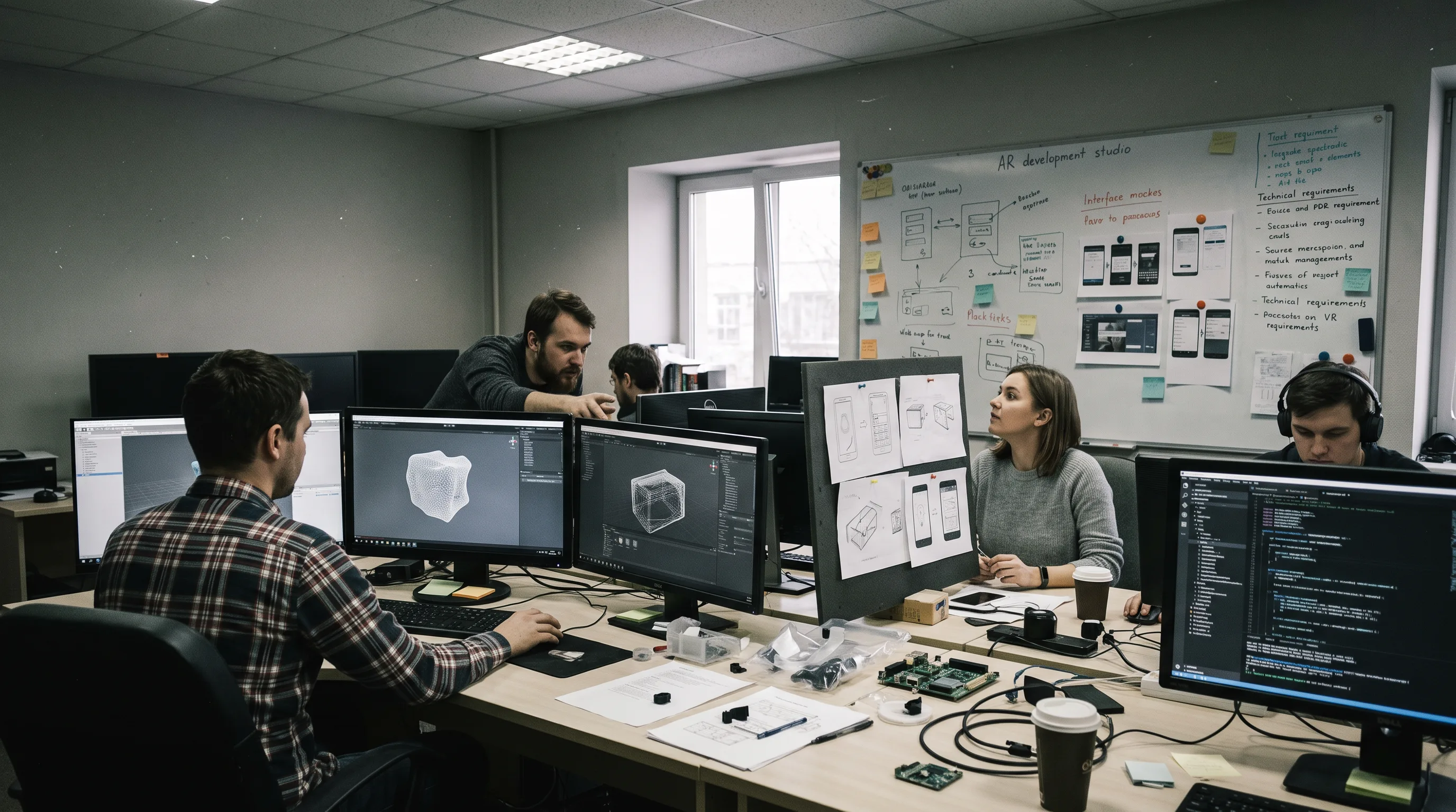 Developers and a designer review 3D AR builds at workstations in a small studio