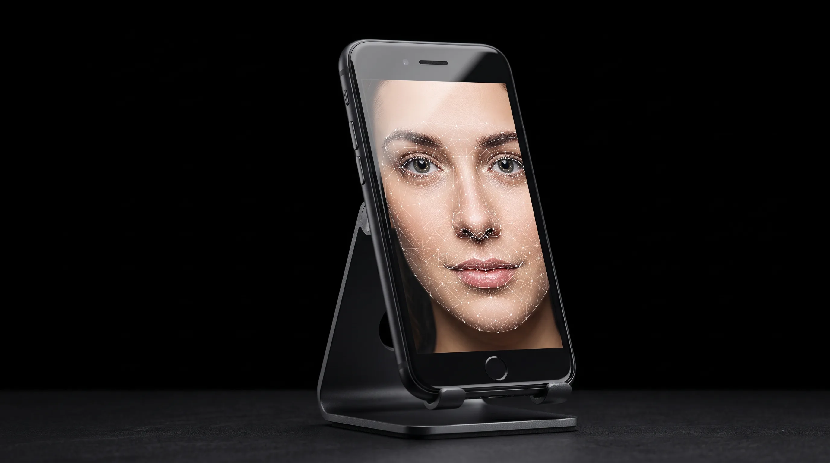 Smartphone showing an AR face-tracking mesh mapped over a person’s face.