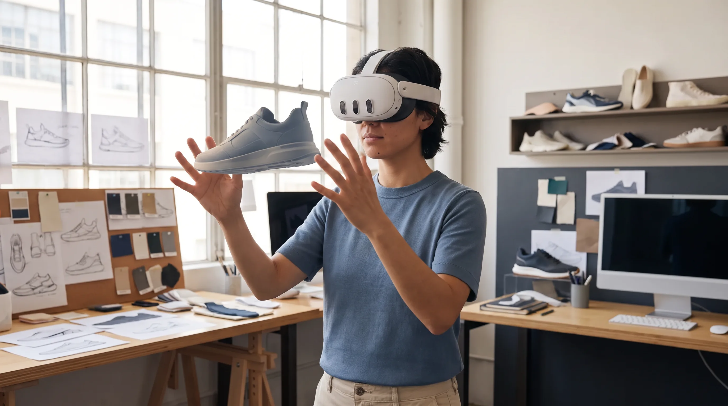 A designer wearing a Meta Quest 3 headset inspects a 3D sneaker model in a studio.