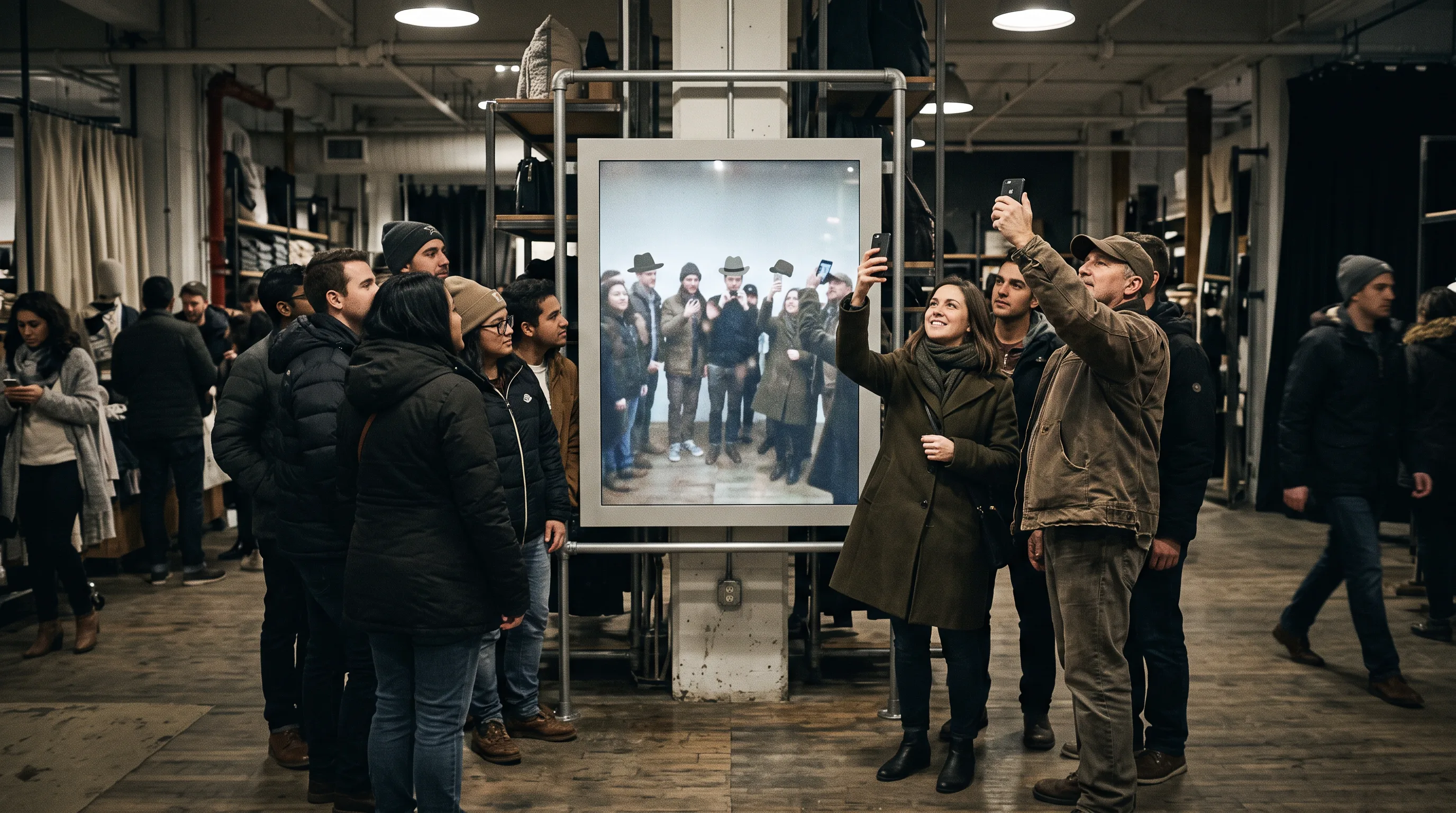 Shoppers trying an interactive AR mirror at a retail brand activation.