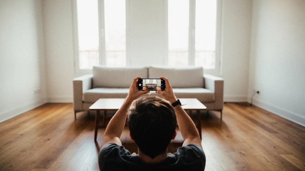 A shopper views a life-sized 3D sofa in their living room through a smartphone AR viewer