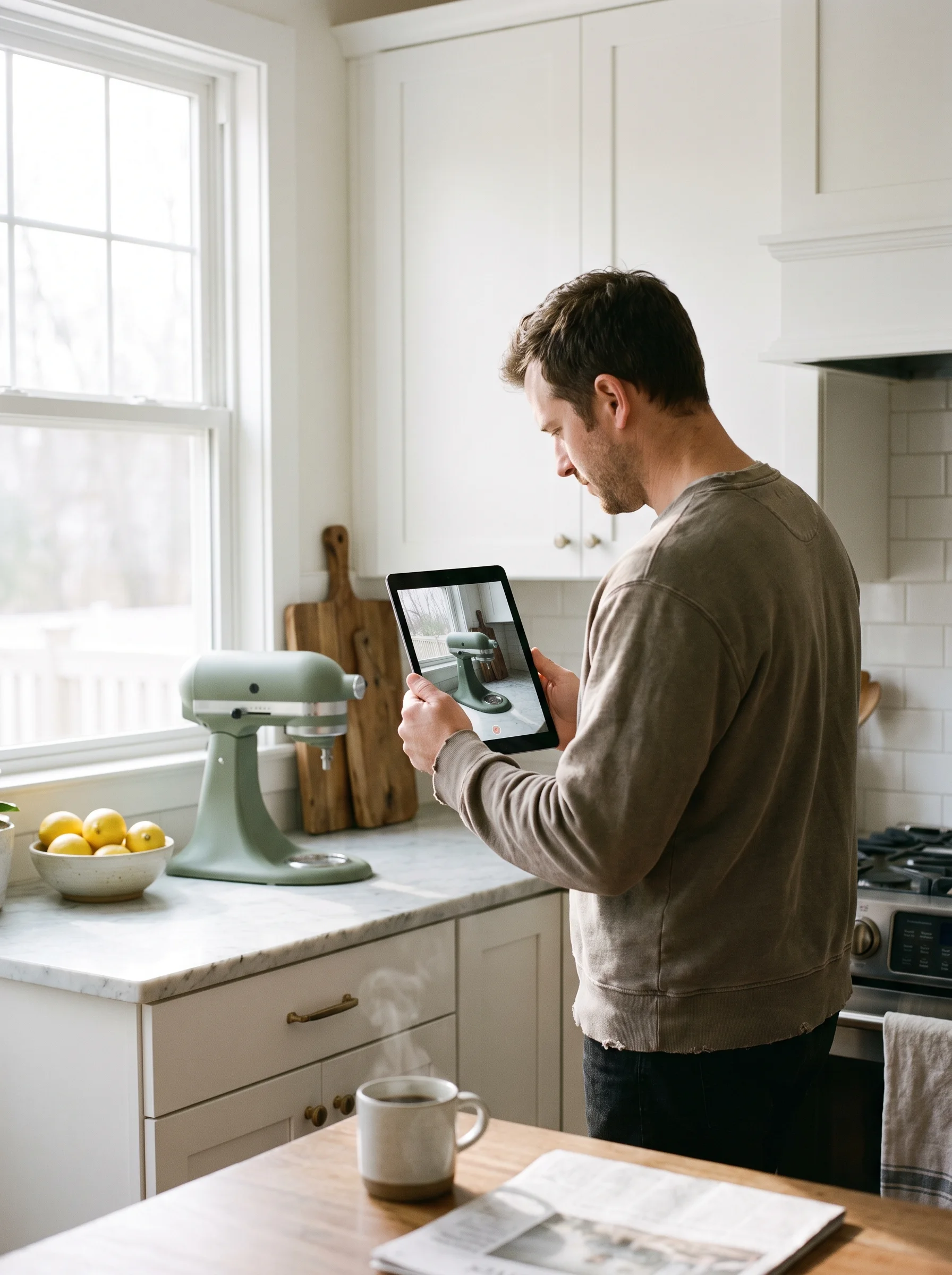 Shopper checking the size and placement of a stand mixer on a kitchen counter with a tablet