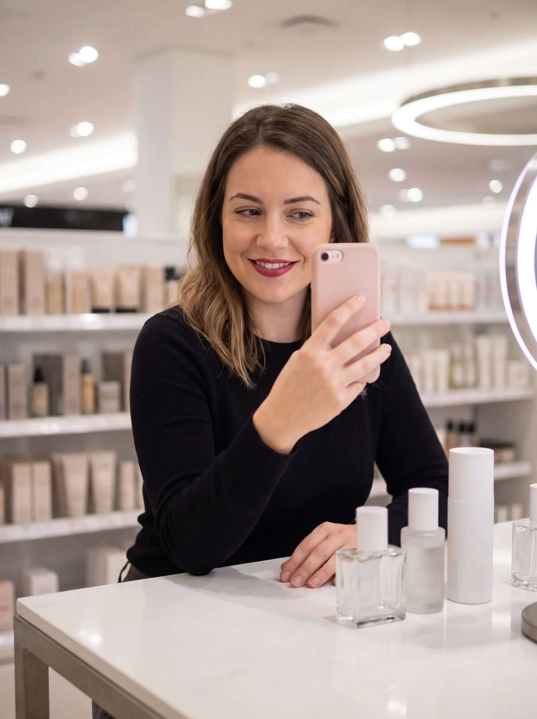 Shopper testing a lip shade with a face-tracking try-on preview at a bright beauty counter