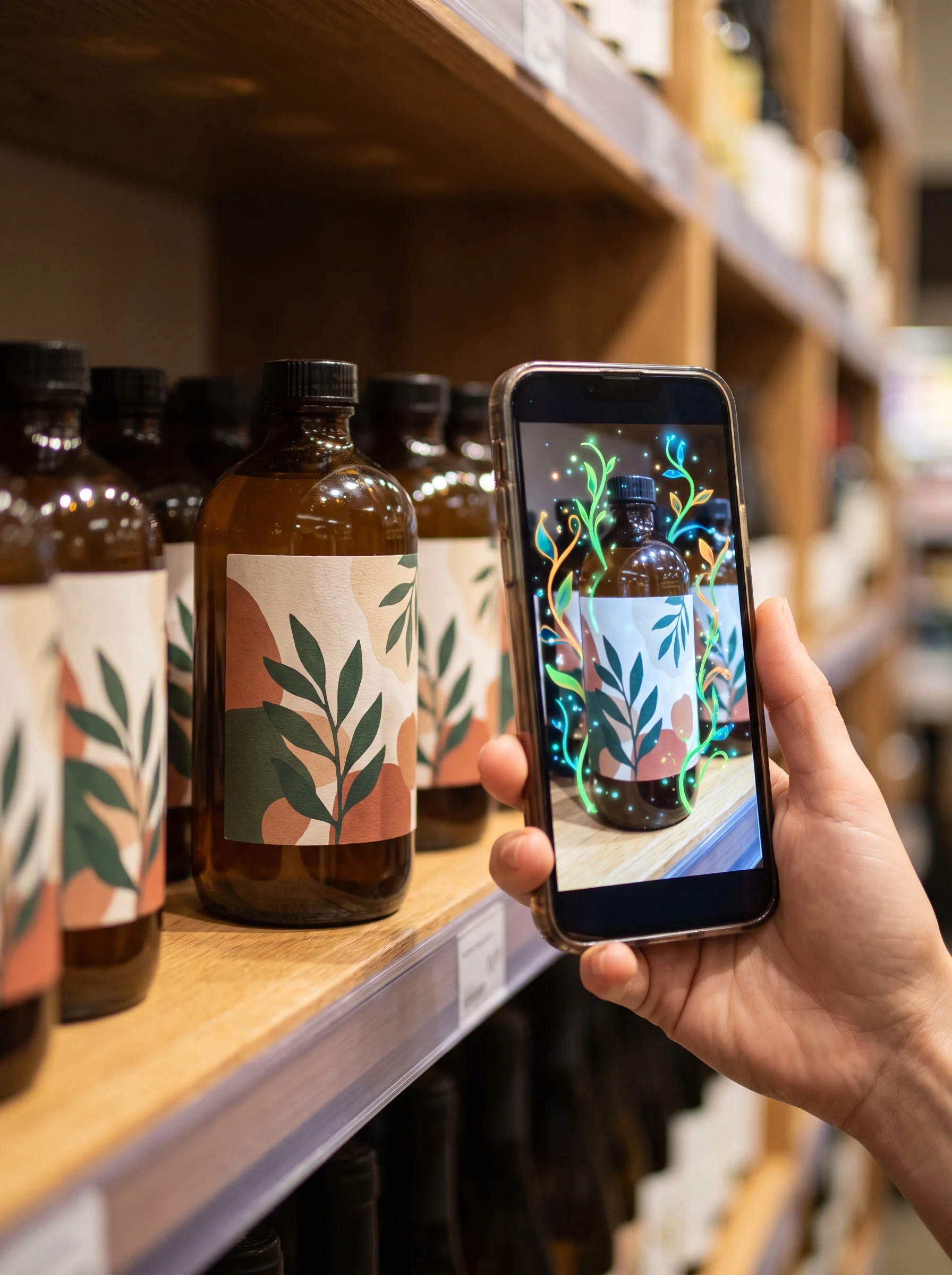 Phone showing an AR product story playing over a bottle on a premium grocery shelf
