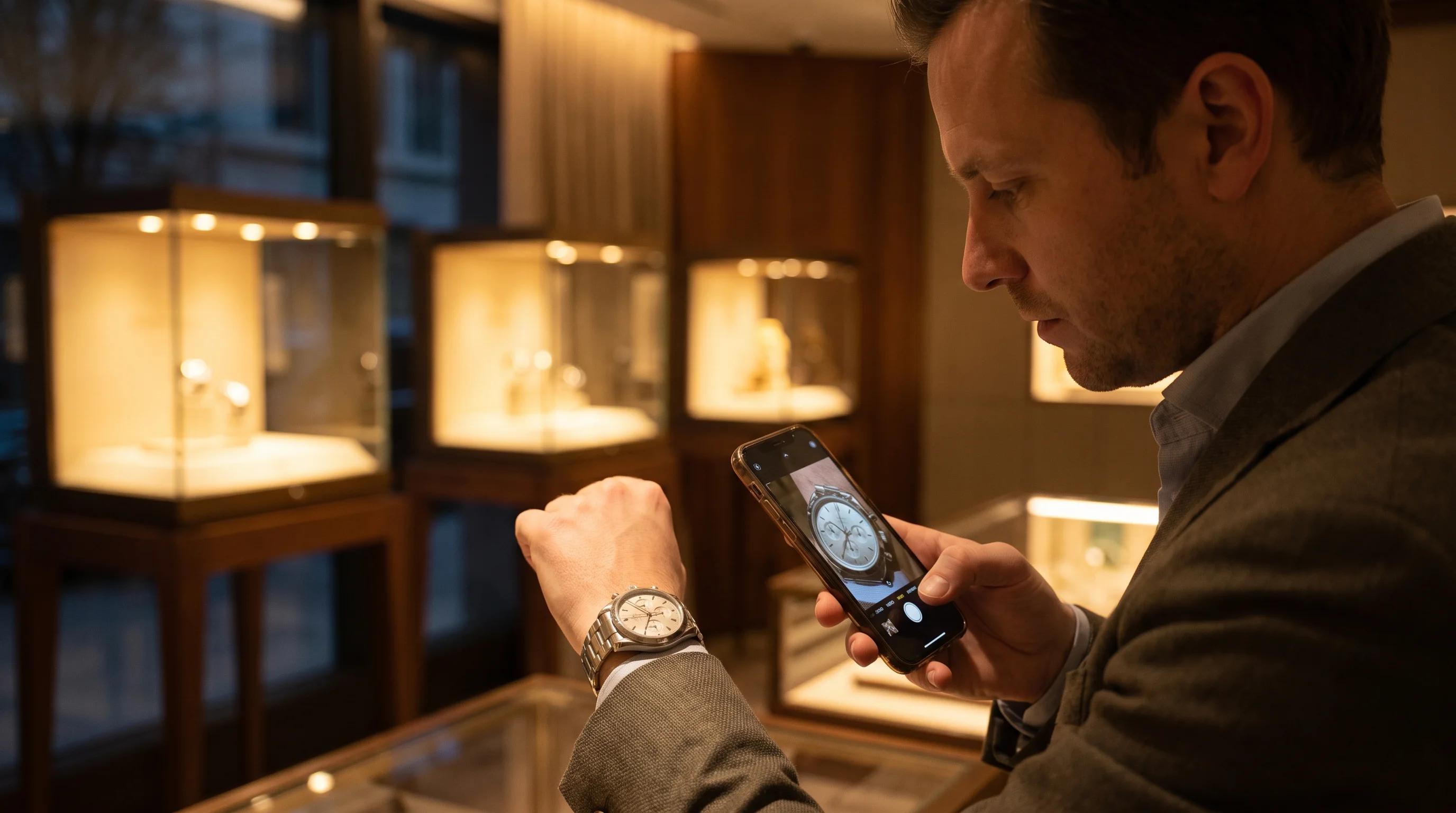 Shopper previewing a chronograph watch on his wrist through his phone camera in a luxury boutique