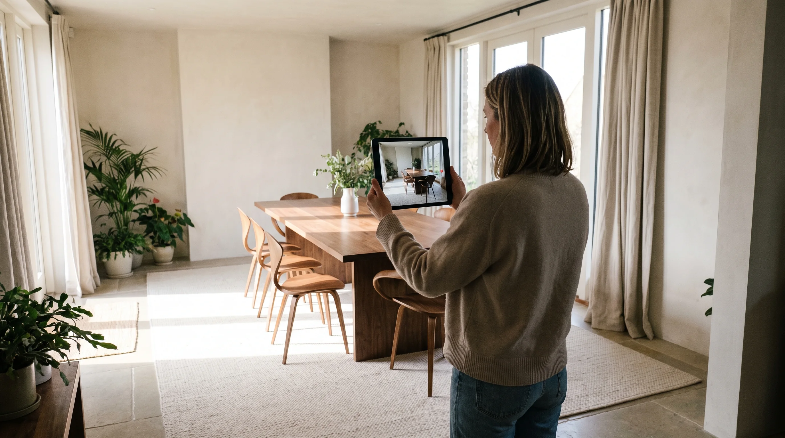 True-scale preview of a walnut dining table on a tablet in a bright designer living room