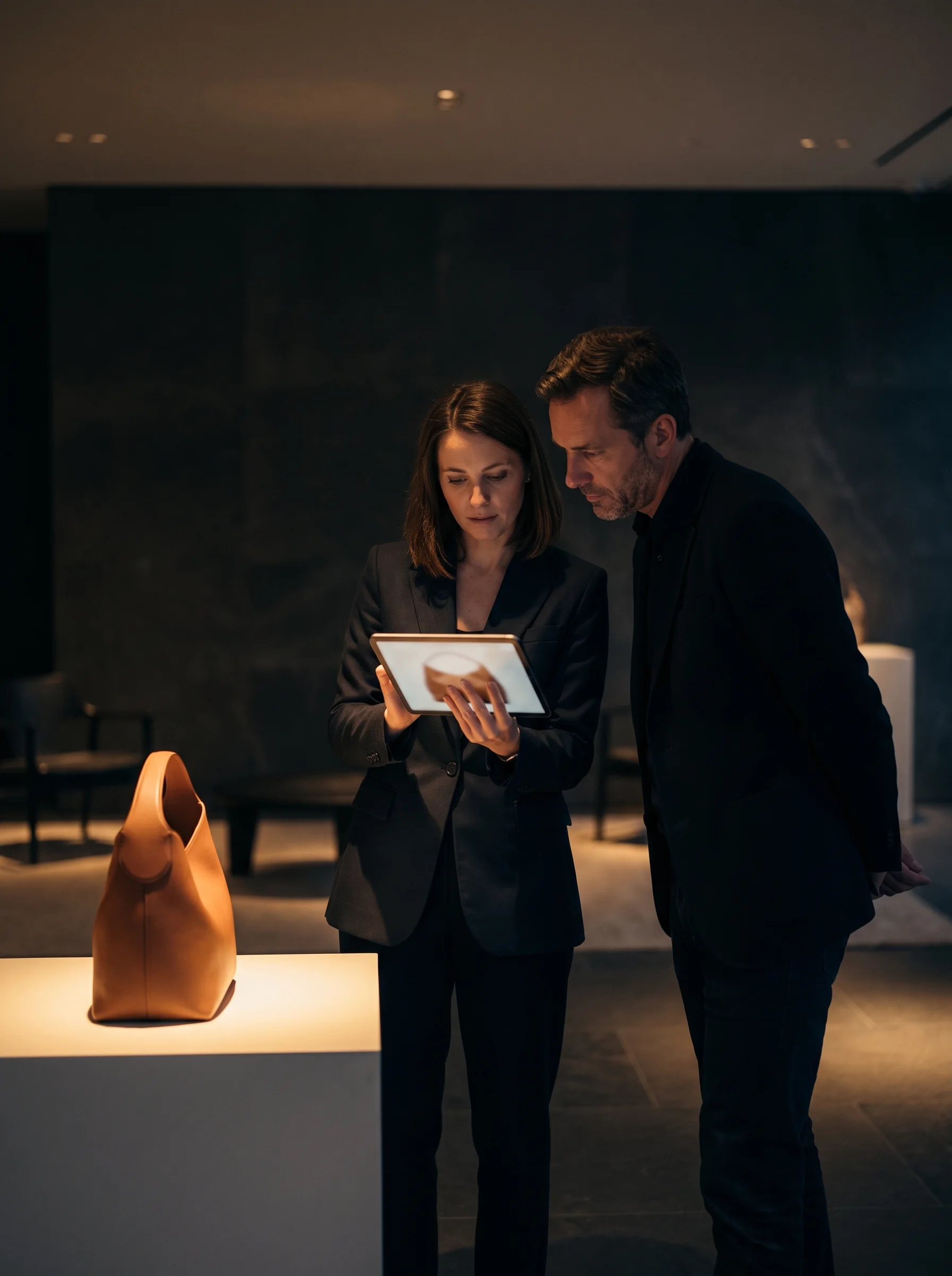 Sales associate walking a customer through a product story on a tablet in a high-end showroom