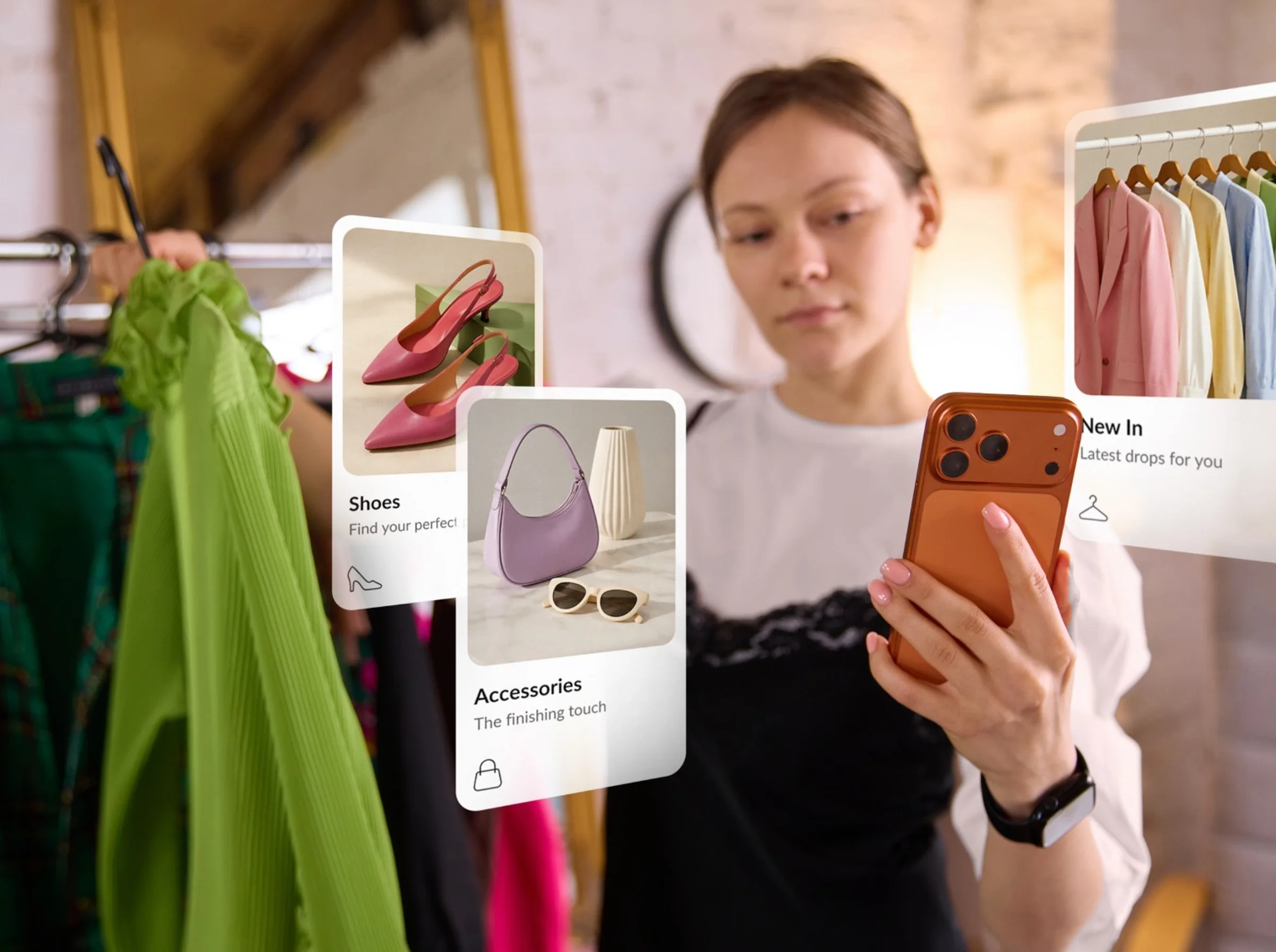Shopper holding up her phone in a boutique as AR product cards for shoes, accessories and new arrivals float around her