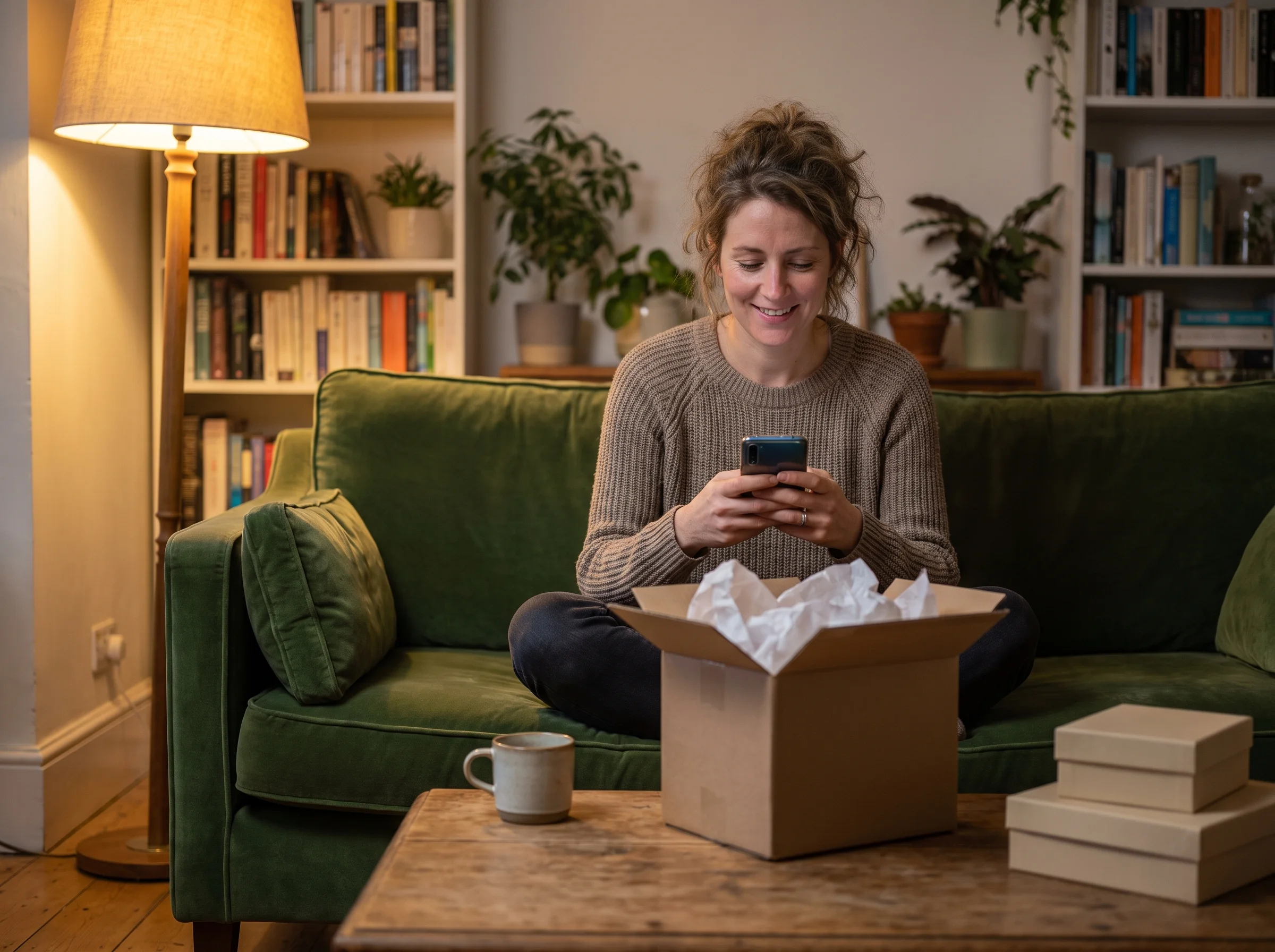 Shopper browsing products on her phone at home beside an opened parcel — augmented reality in ecommerce meets the shopper on the sofa