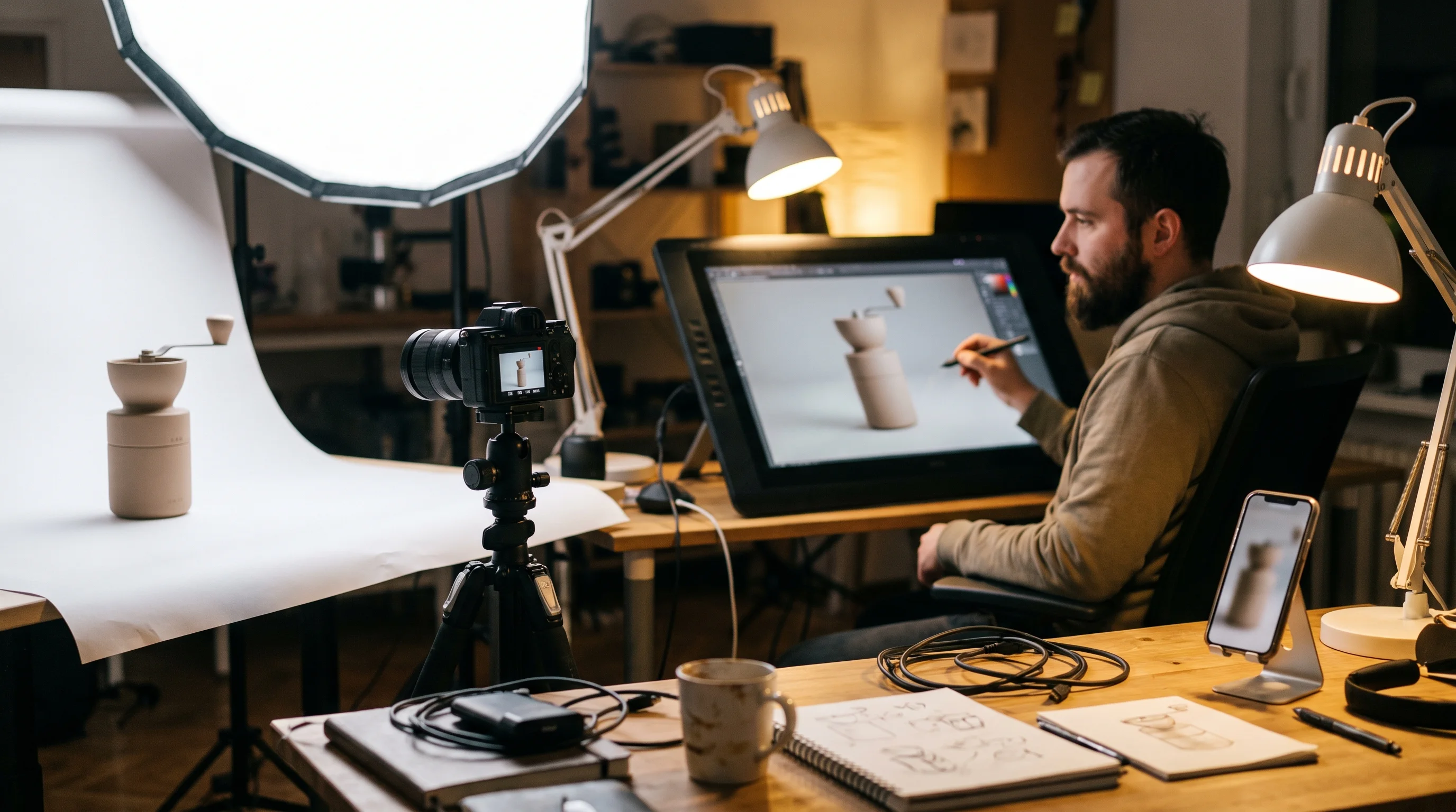 The 3D product pipeline in one studio — product photography set, a 3D artist modeling the product on a pen display, and a phone ready for AR testing