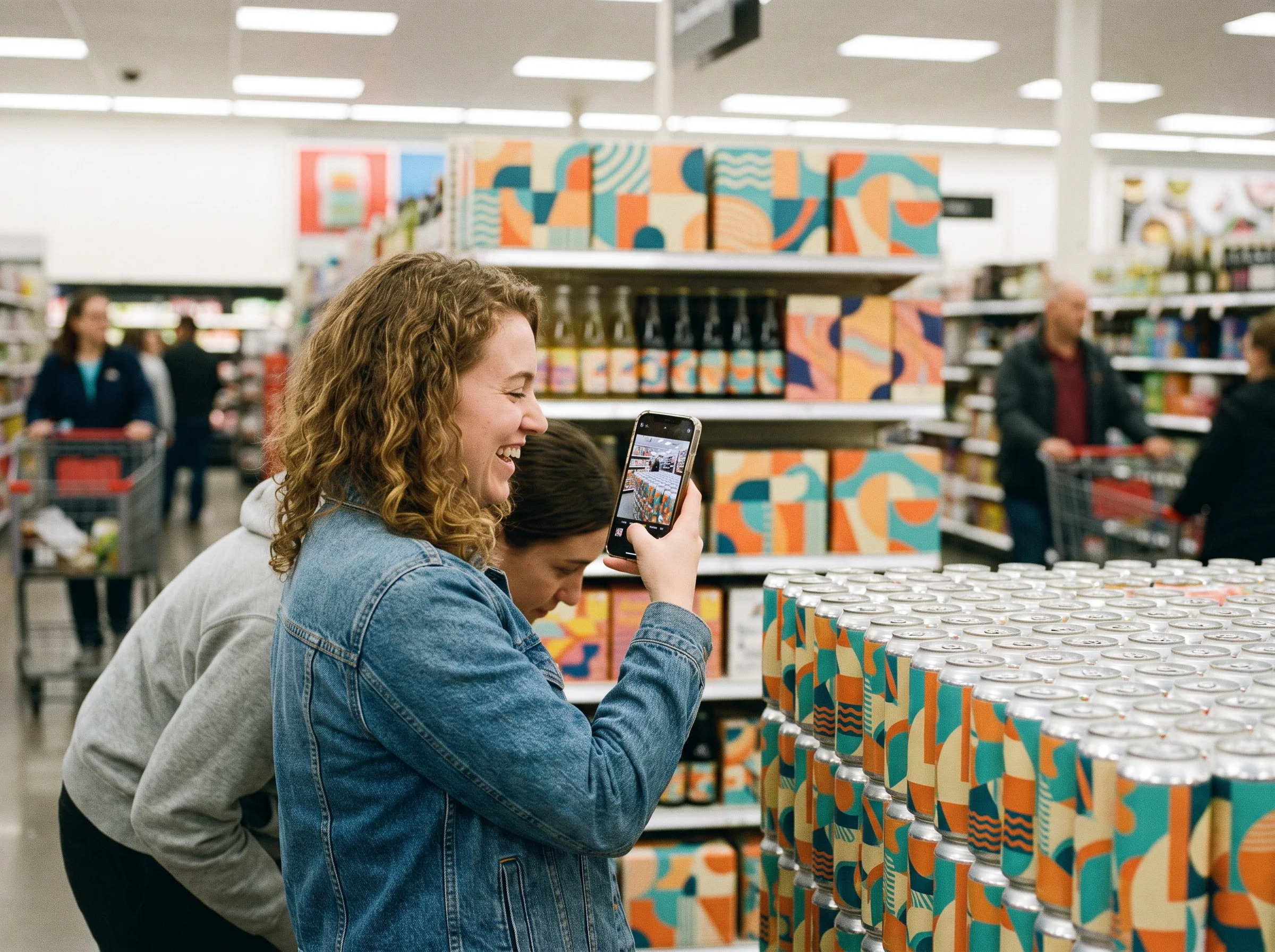 Shopper laughing mid-moment during an in-store AR activation at a retail endcap display