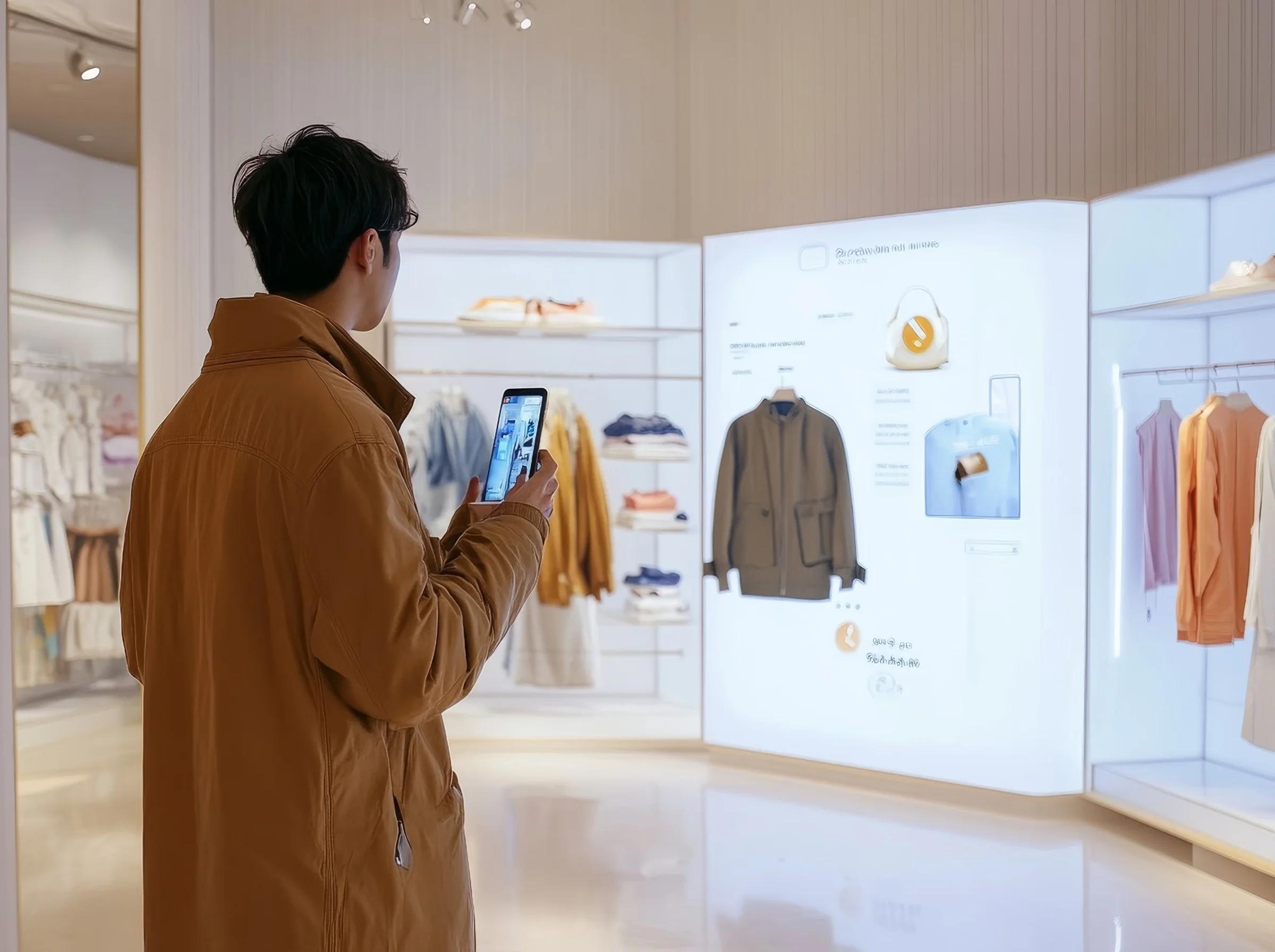 Shopper pointing his phone at a glowing in-store display to unlock AR product details in a fashion boutique