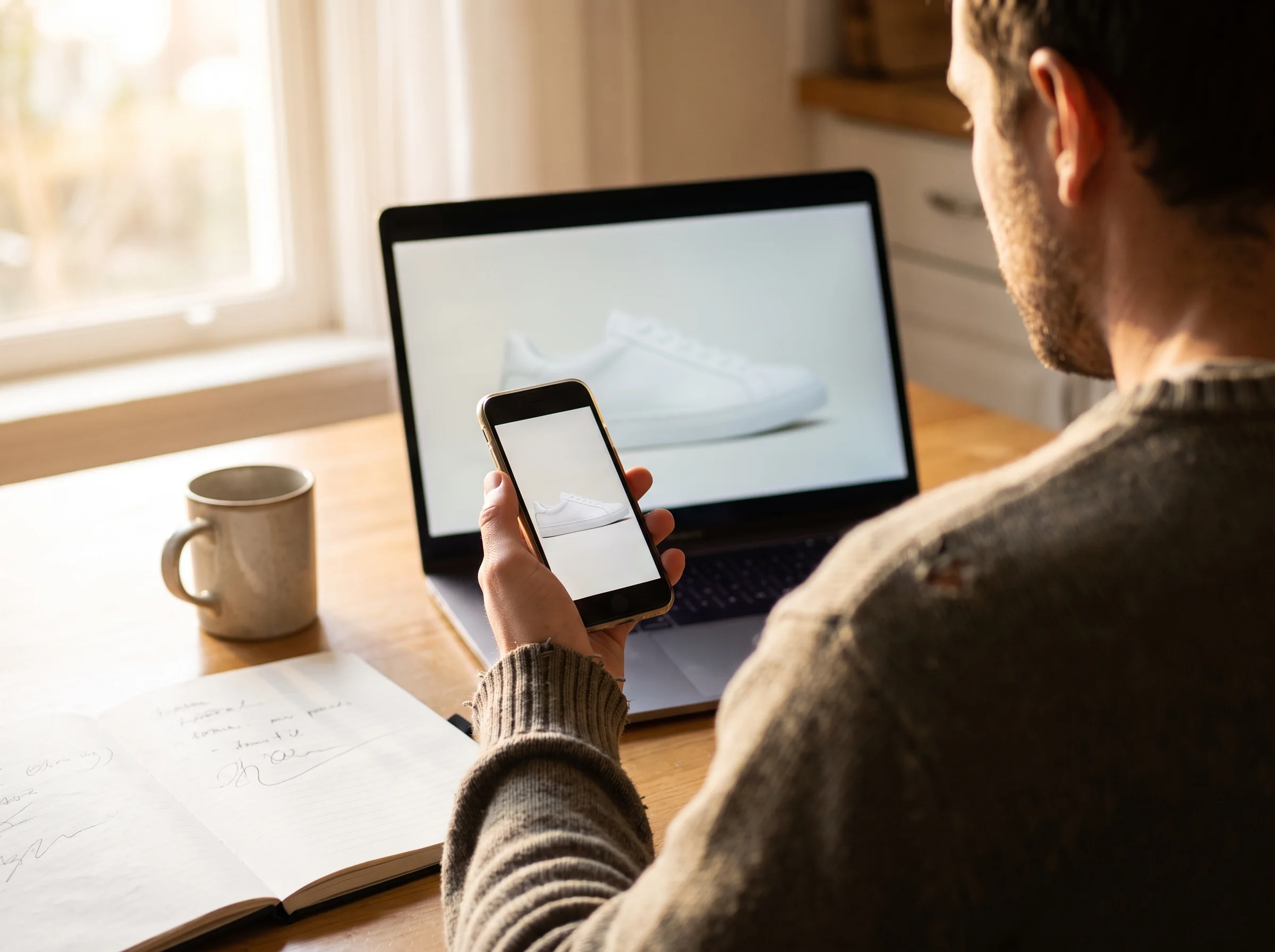 Shopper launching an AR shopping experience in the mobile browser straight from a laptop product page