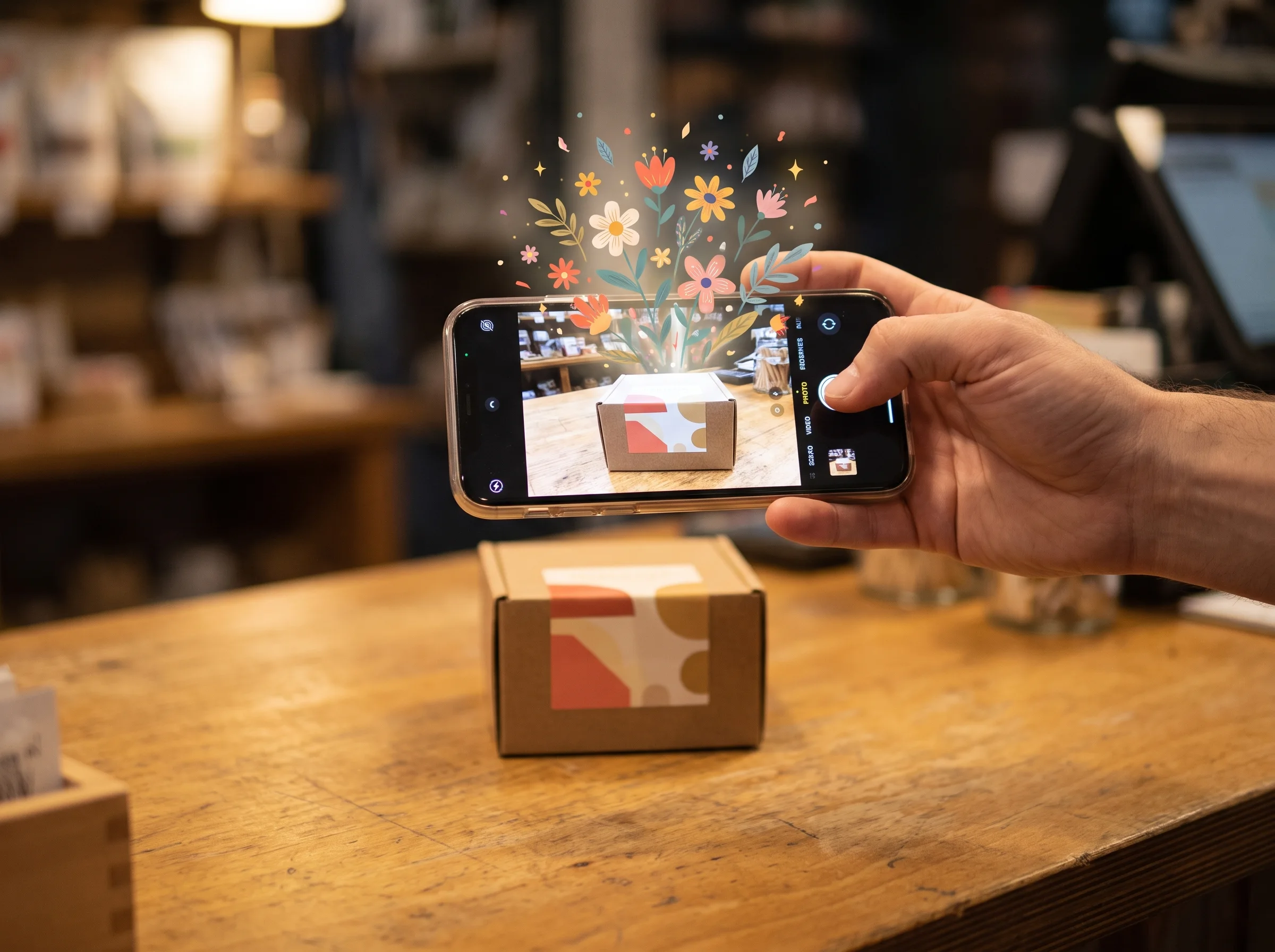 Phone held over a product box on a counter — AR packaging playing an animated story from the label on screen