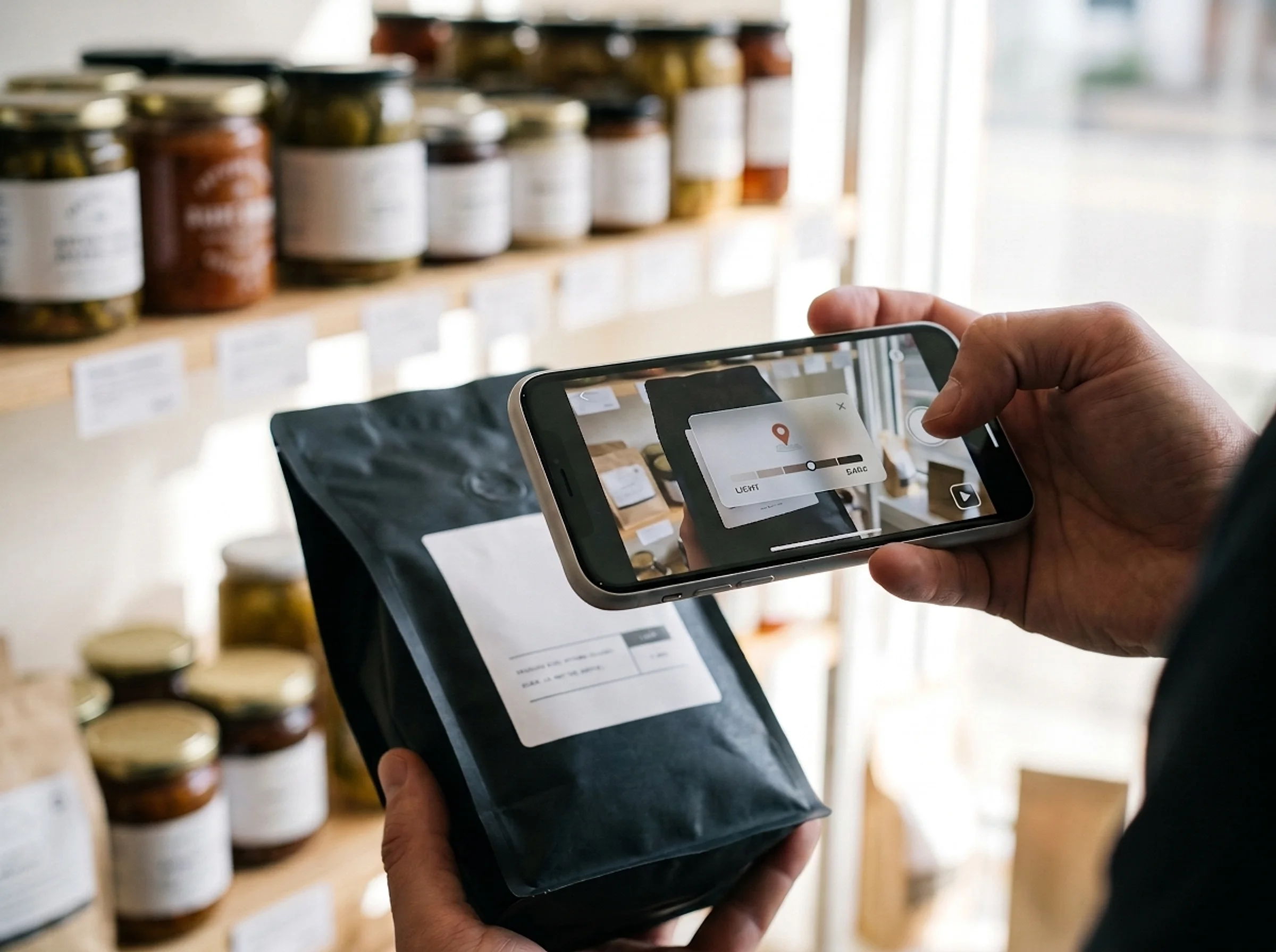 Shopper holding a phone over a coffee bag in a grocery store — an AR product card and play button appear on screen over the label