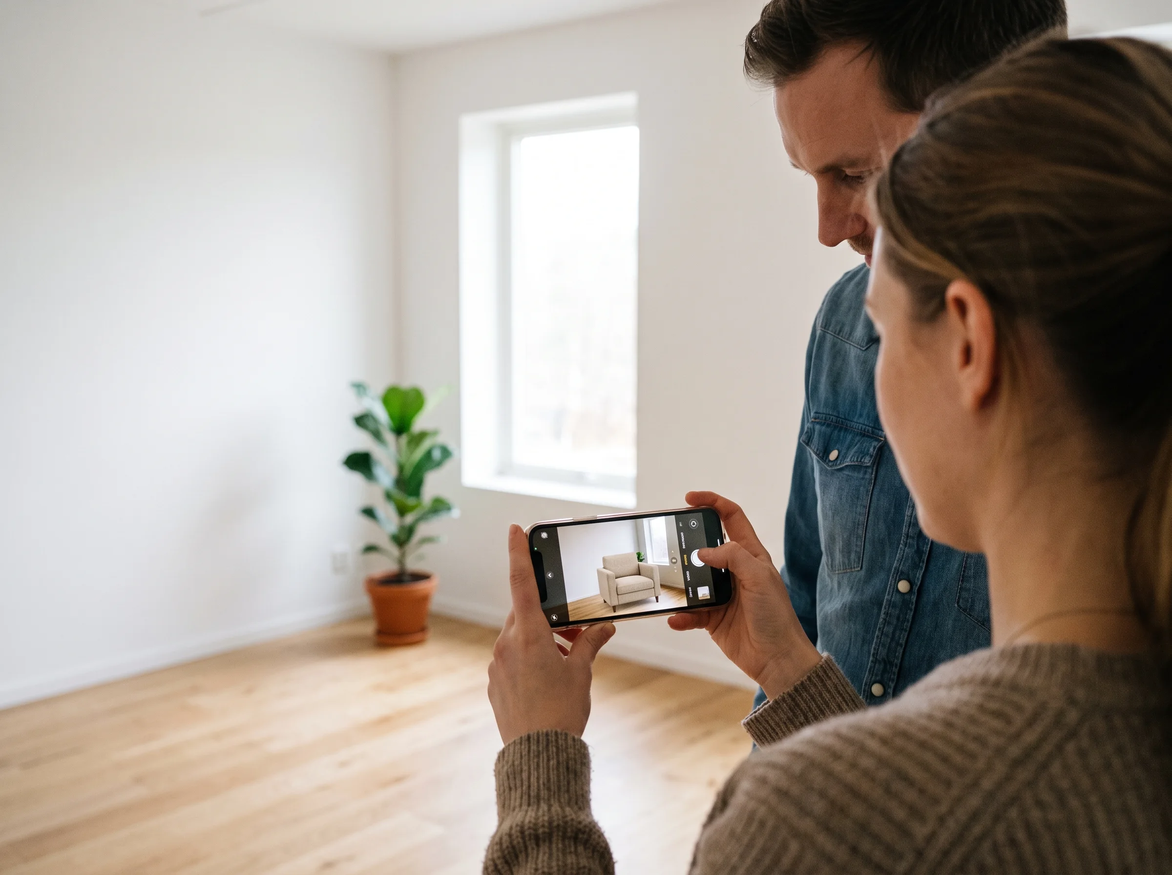 Couple placing a virtual armchair at true scale in their empty living-room corner with view-in-your-space product AR on a phone