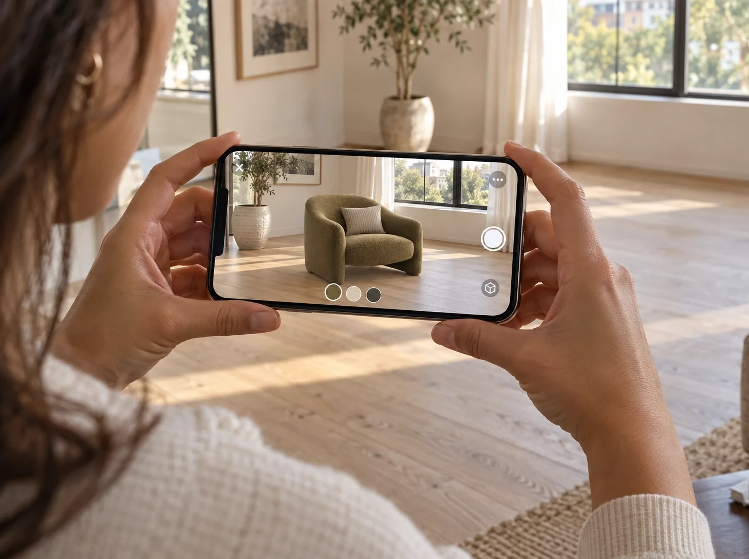 Shopper holding up her phone in a sunlit living room to see an olive armchair placed at true scale on her floor, with colour options on screen