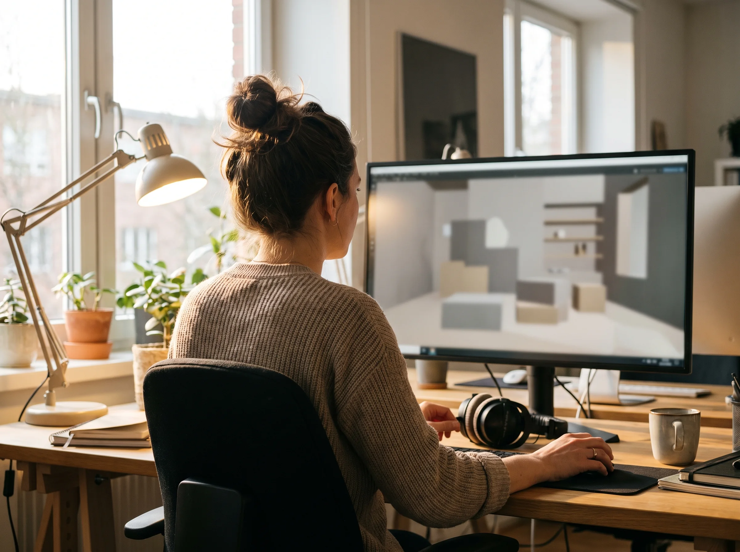 3D artist reviewing a navigable virtual store scene on a wide studio monitor