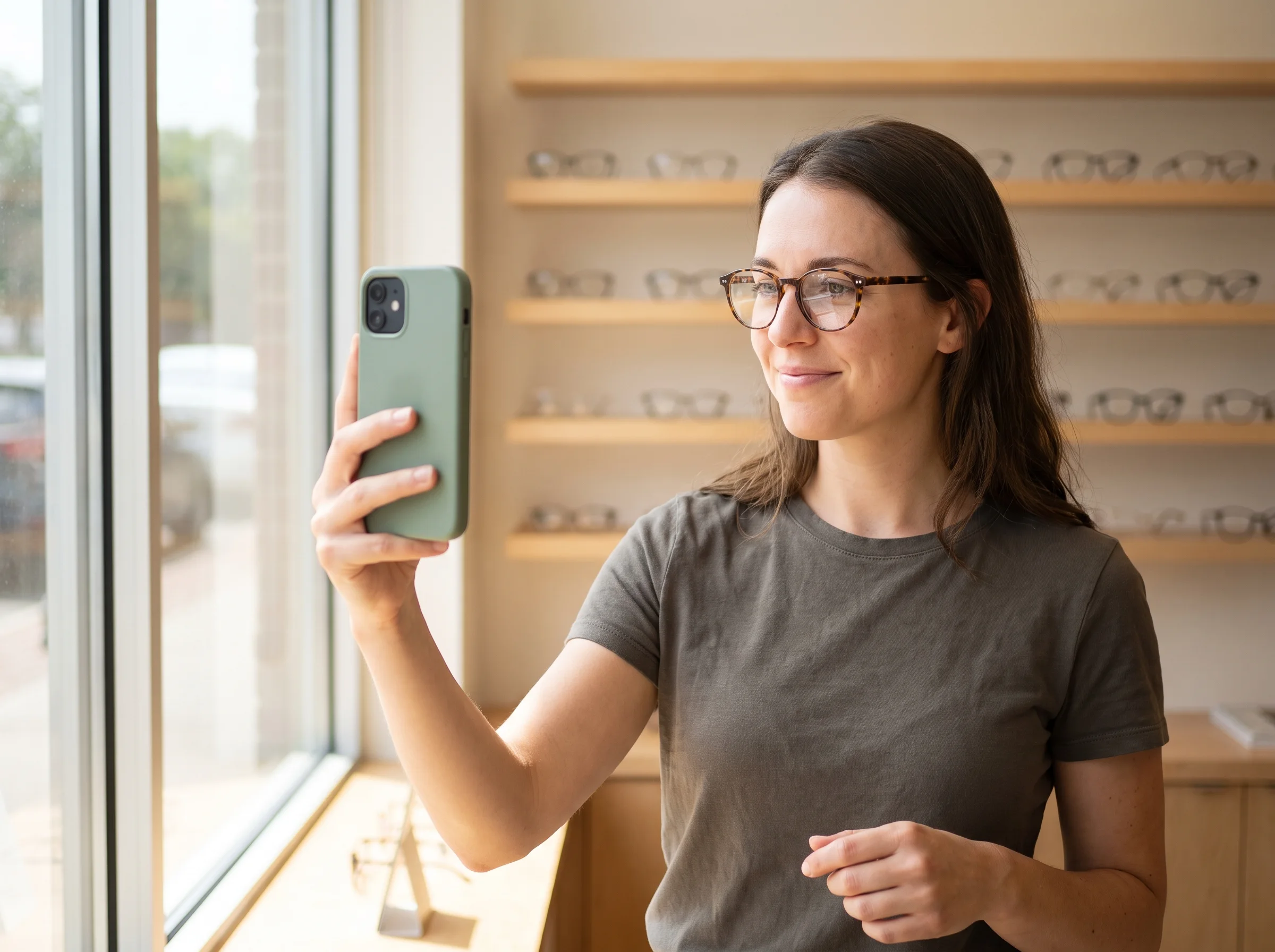Shopper checking eyeglasses on her own face in a phone virtual fitting room view inside a bright optical boutique