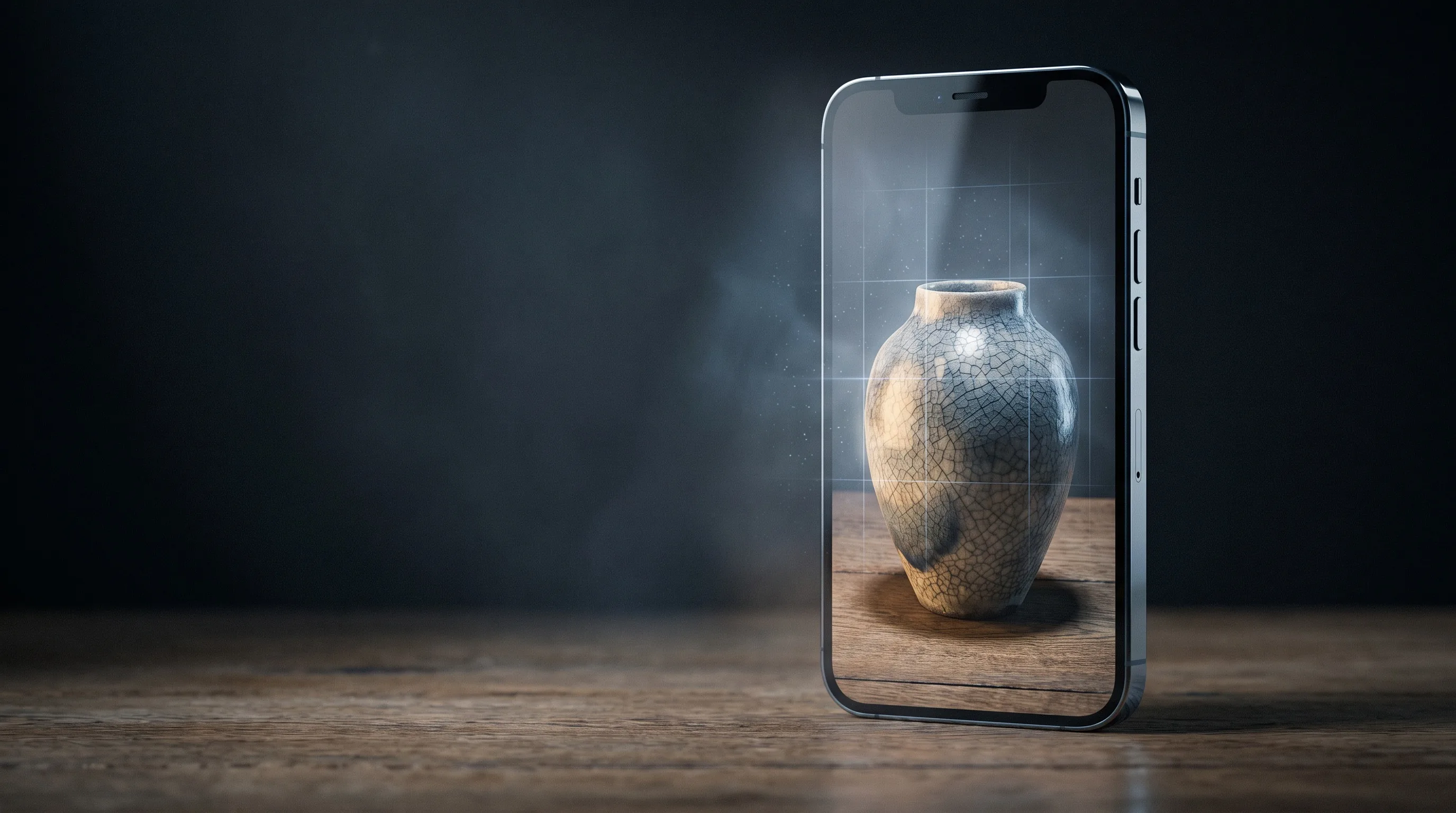 AR/VR app development — a smartphone showing a photoreal 3D object anchored to a real tabletop