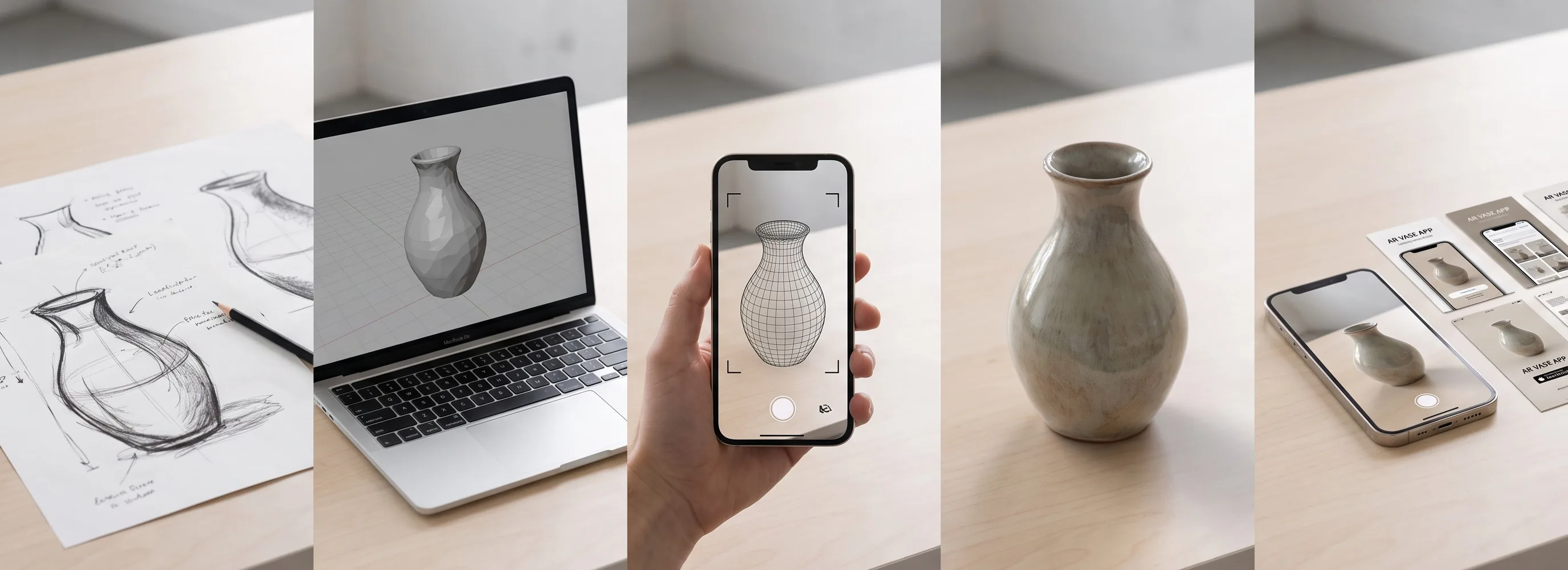 One AR concept shown at increasing fidelity — storyboard, device prototype, polished 3D interaction and store-ready product