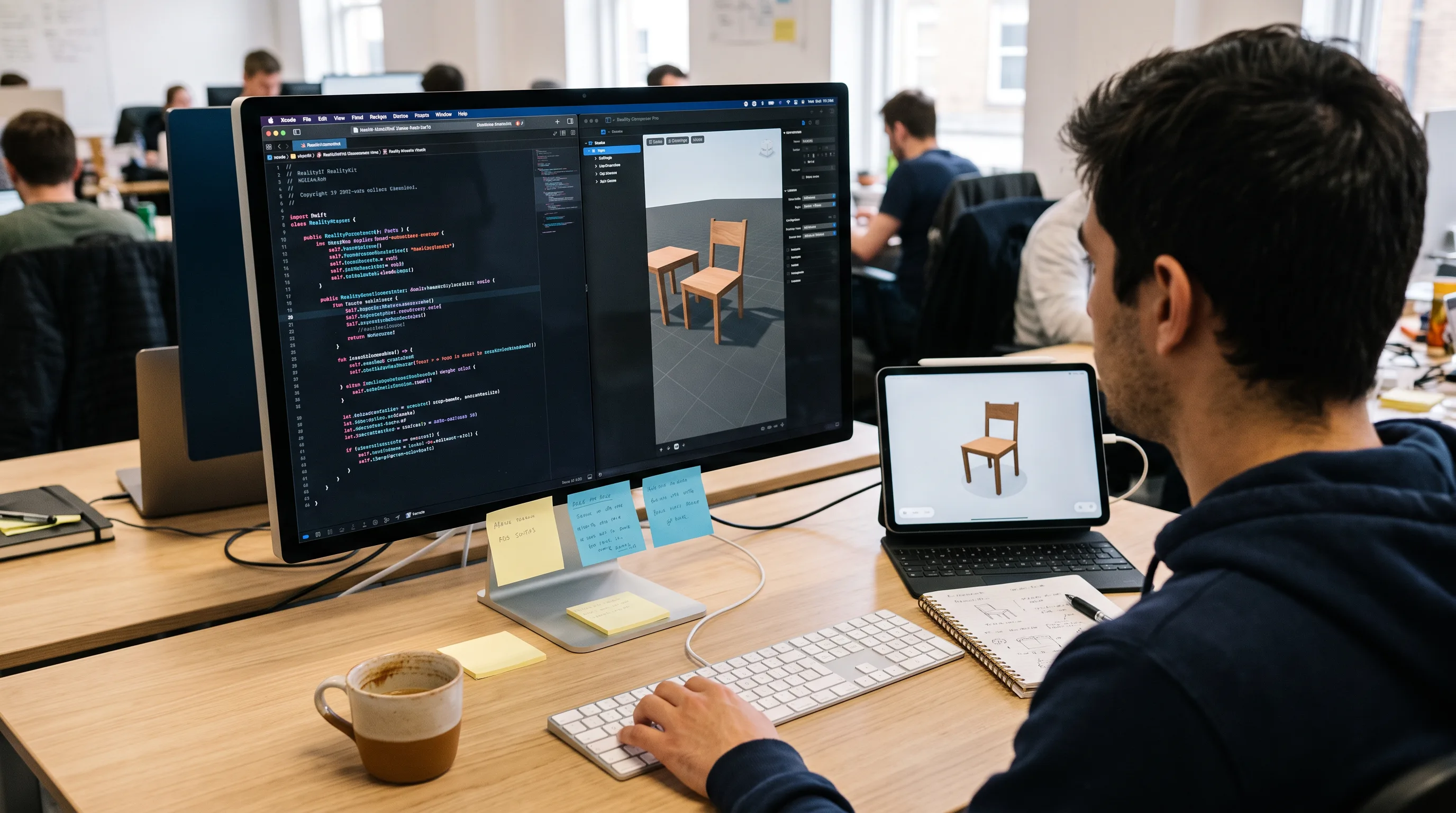 ARKit developer at desk with Xcode and Reality Composer Pro on Apple Studio Display