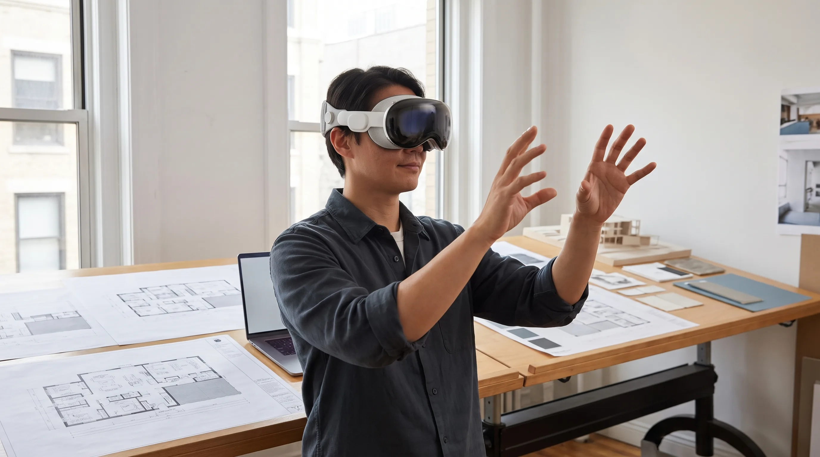 Architect wearing Apple Vision Pro manipulating a spatial model in a design studio