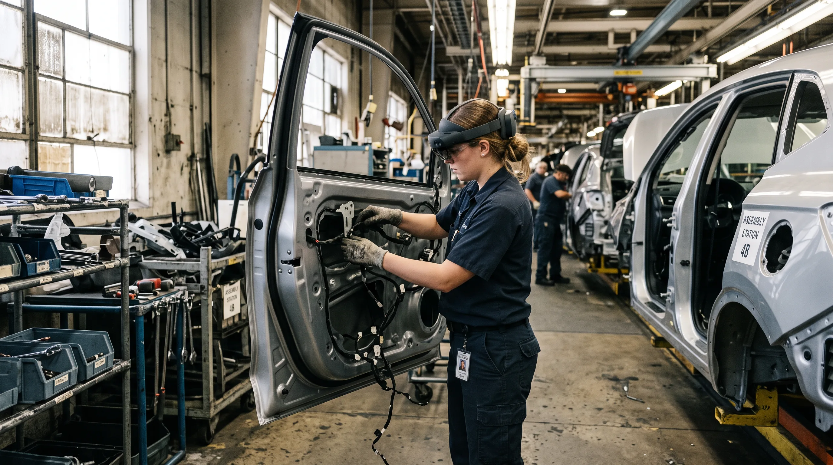 Assembly technician threads a wiring harness inside a car door cavity wearing an AR head-mounted device