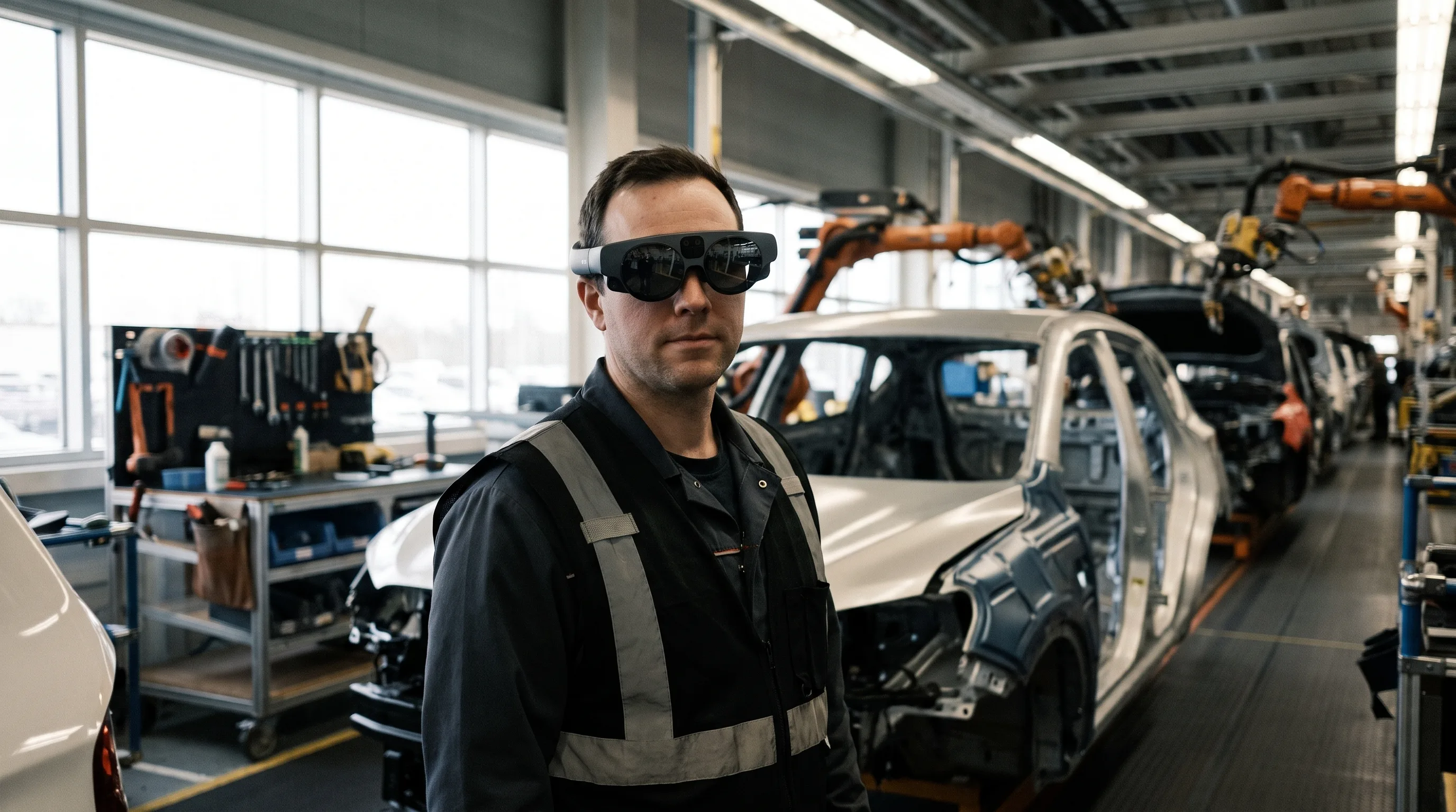 A worker wearing AR smart glasses at an augmented reality in car manufacturing assembly station
