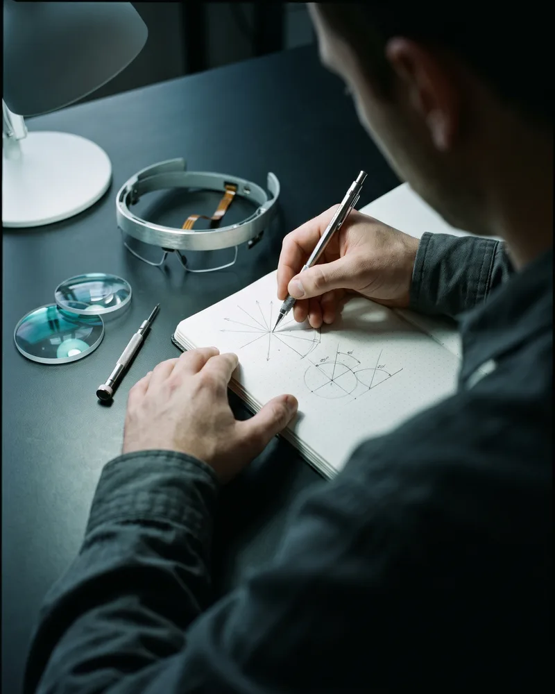 Engineer sketching an optical diagram beside lens elements on a workbench