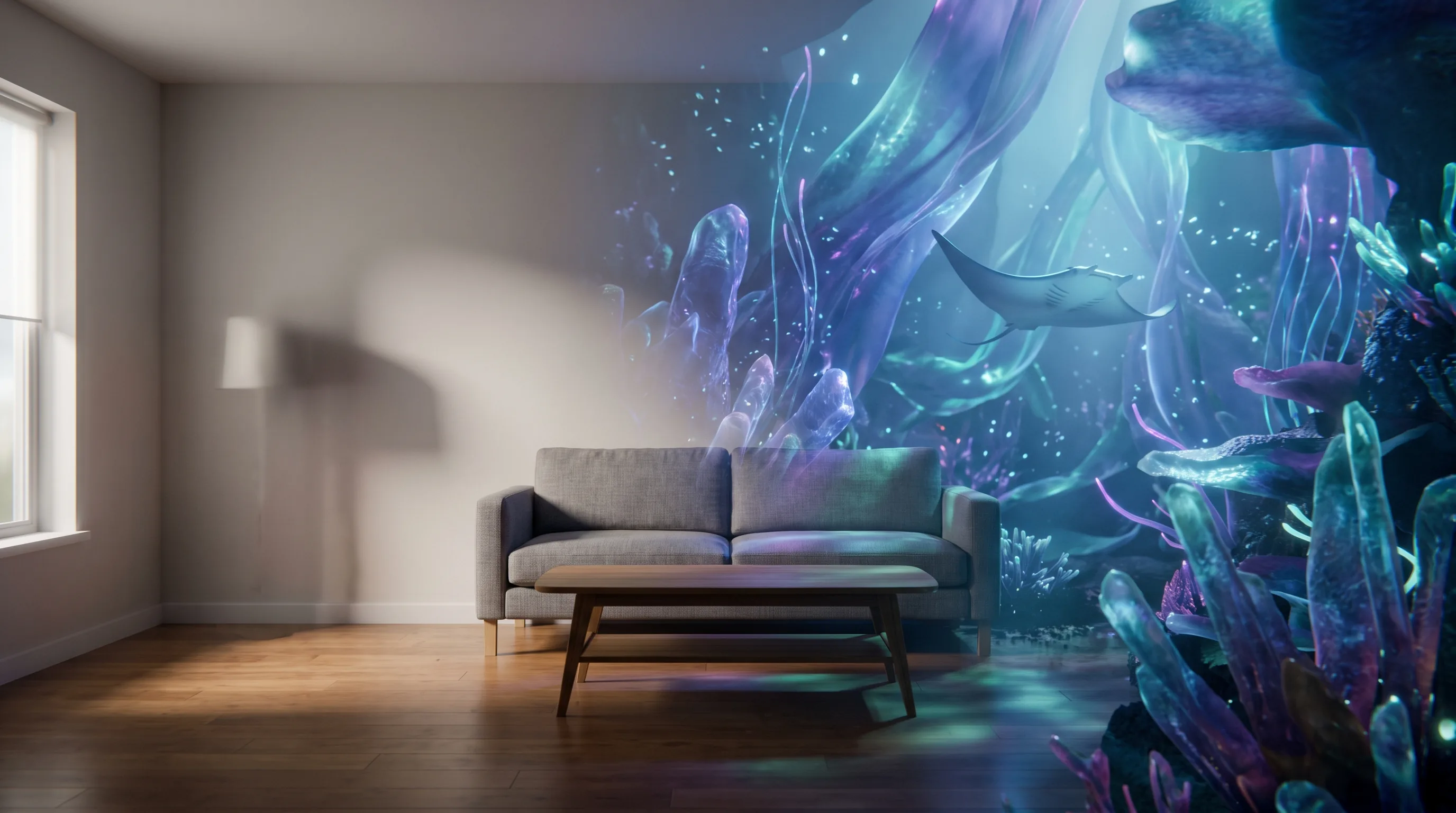 A Meta Quest game world blending with a real room through passthrough mixed reality