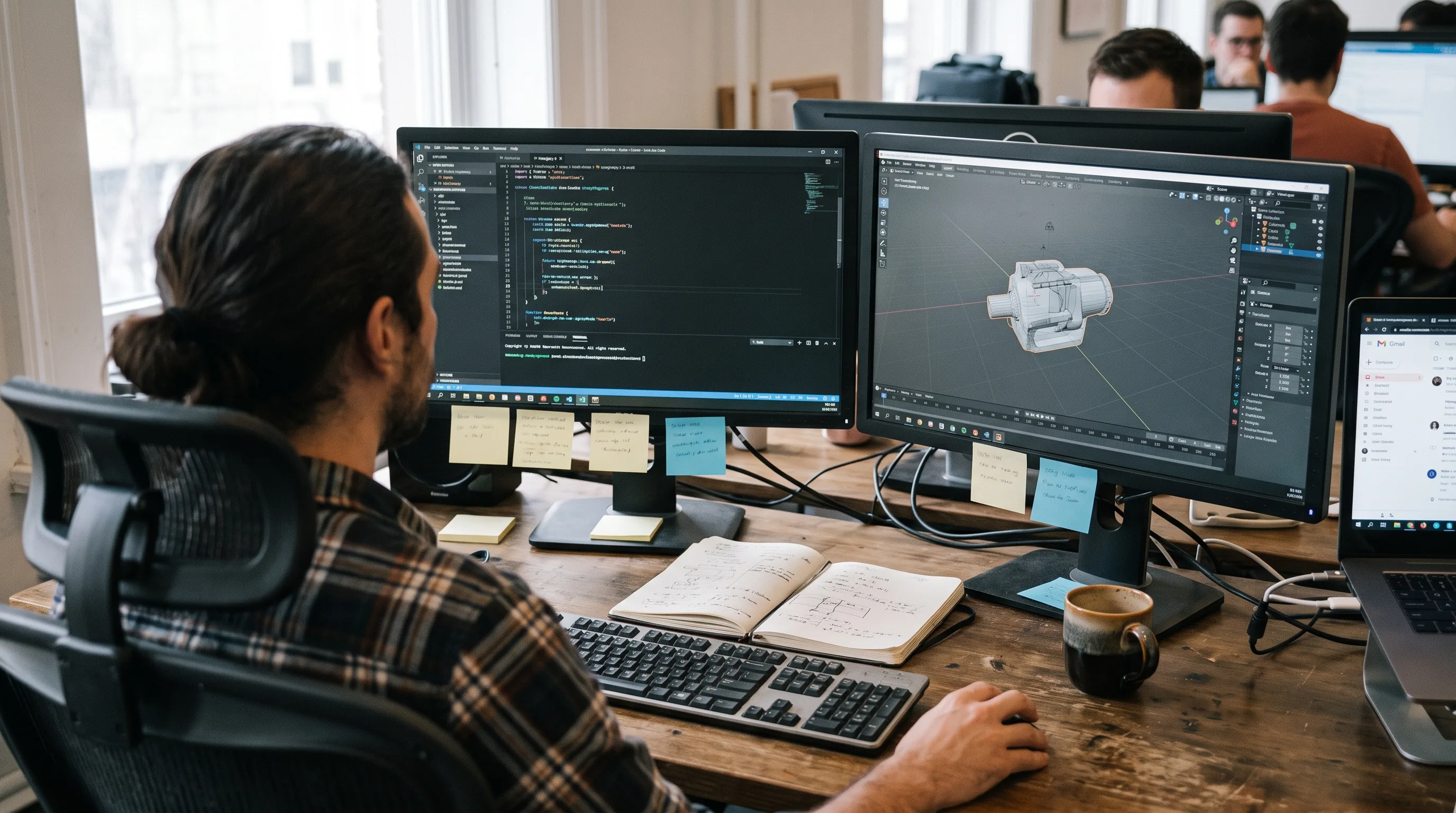 Mechanical engineer simplifies CAD geometry on dual monitors at a 3D modeling workstation
