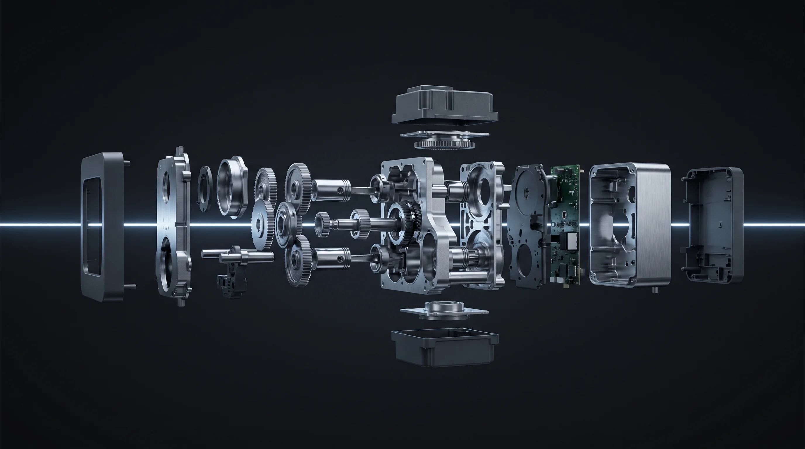 Exploded view of an industrial machine with its housings, gears and shafts separated along a luminous axis