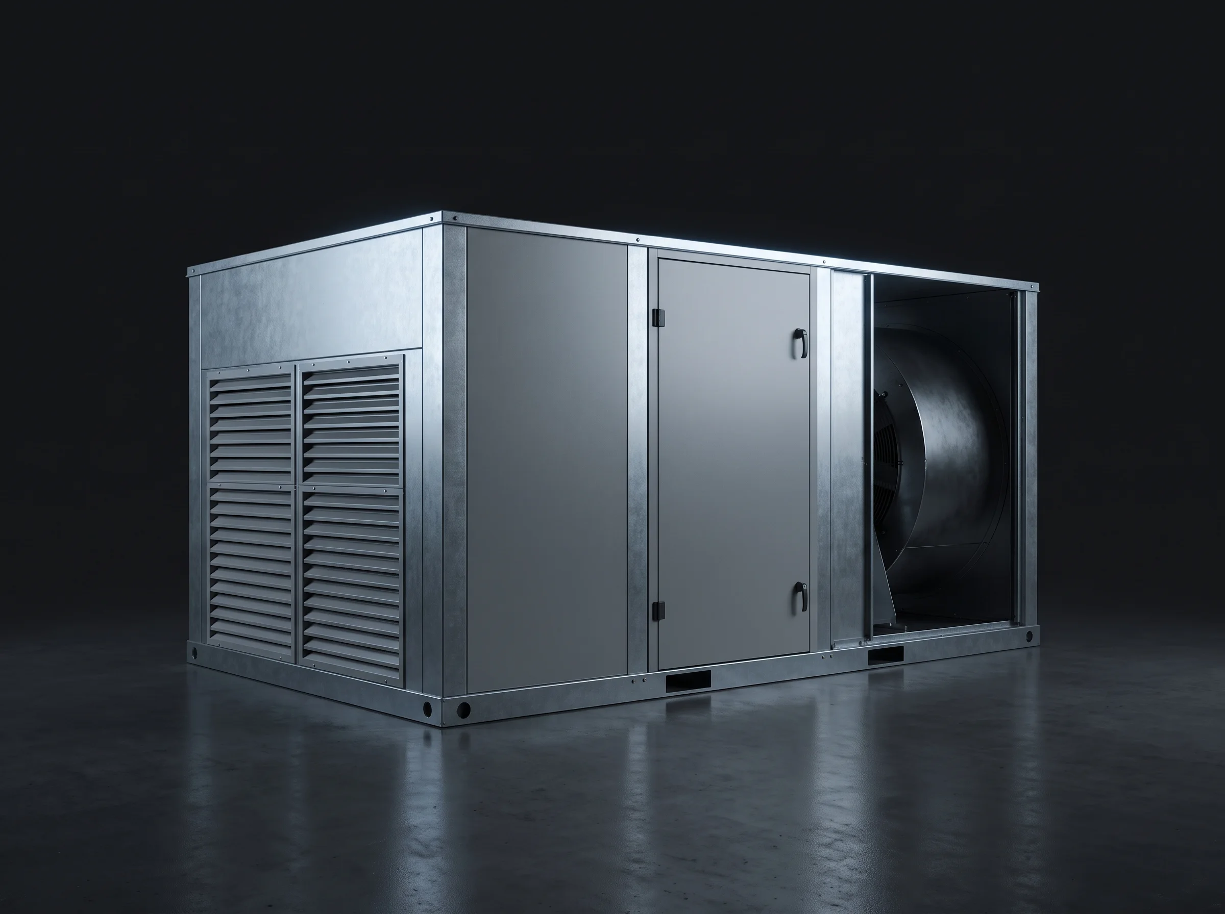 Commercial rooftop HVAC air-handling unit photographed against a dark studio background