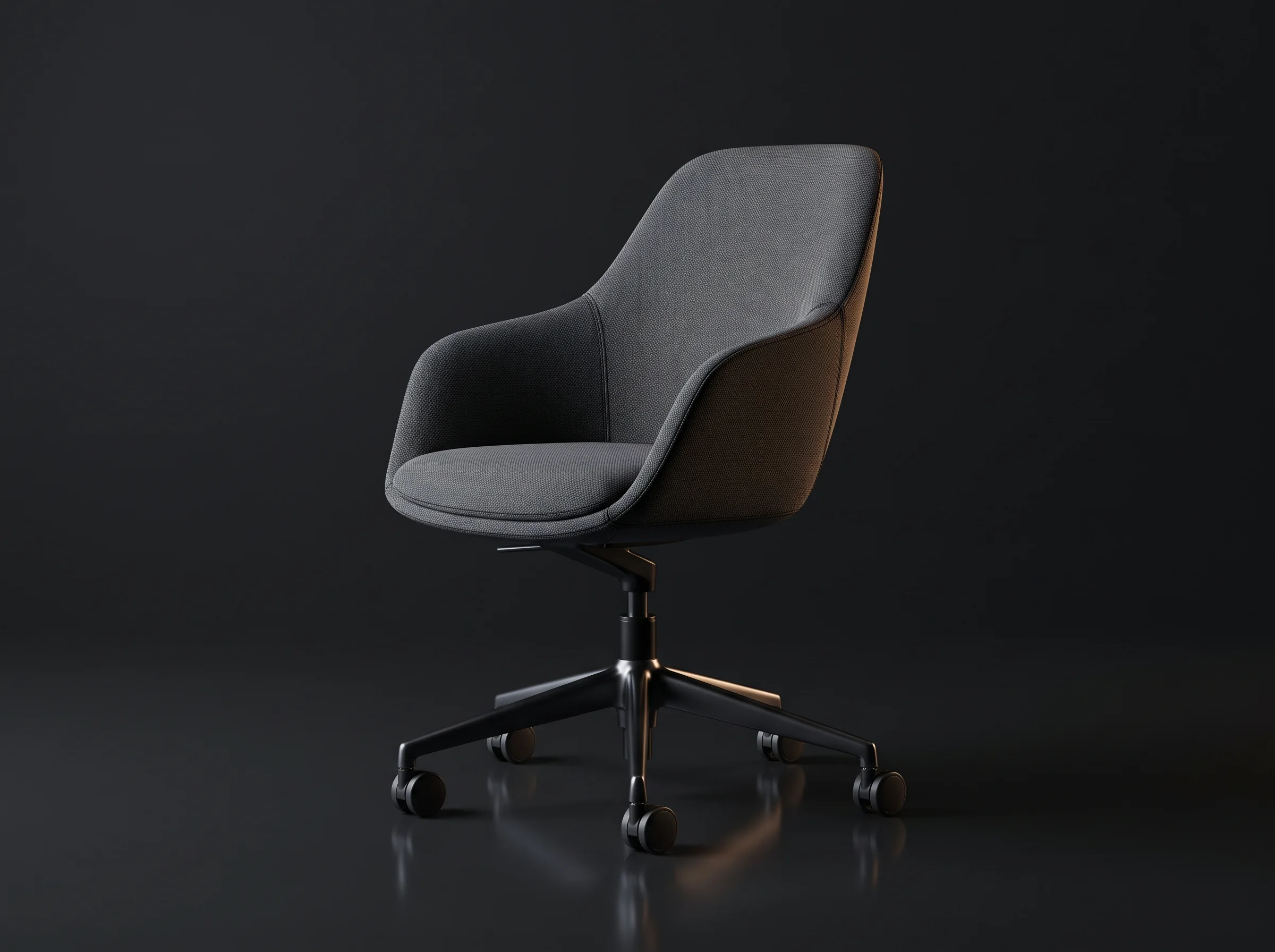 Premium designer office chair in dark woven upholstery against a dark studio background
