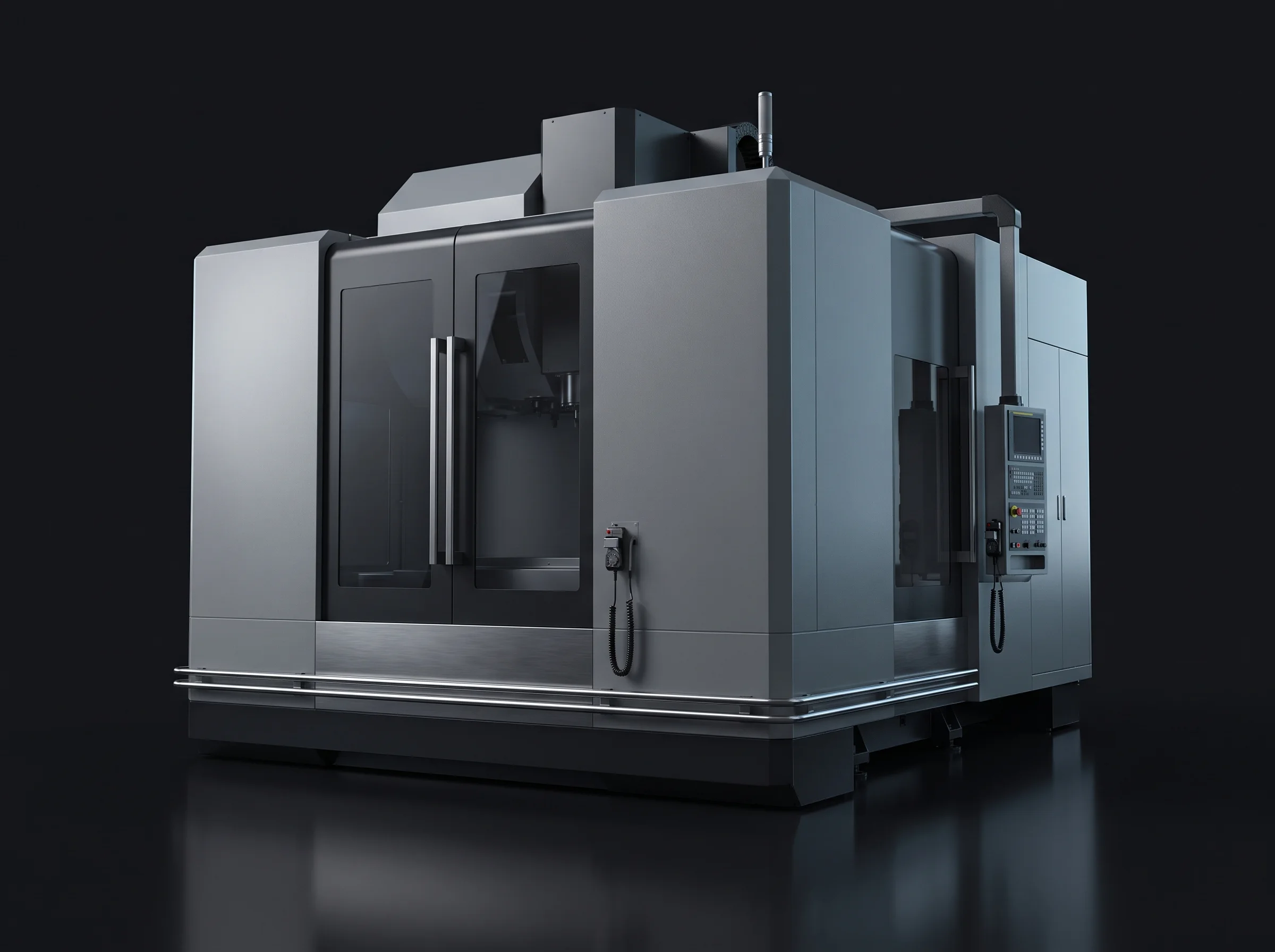 Large industrial CNC machining centre photographed against a dark studio background