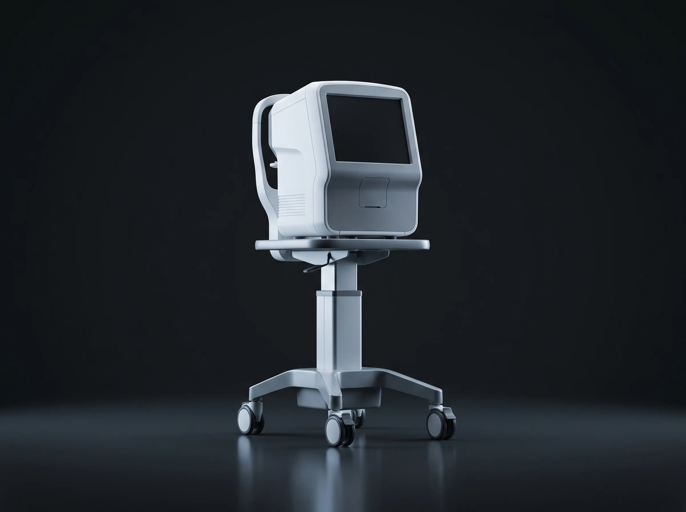 Modern medical diagnostic device on a rolling stand against a dark studio background
