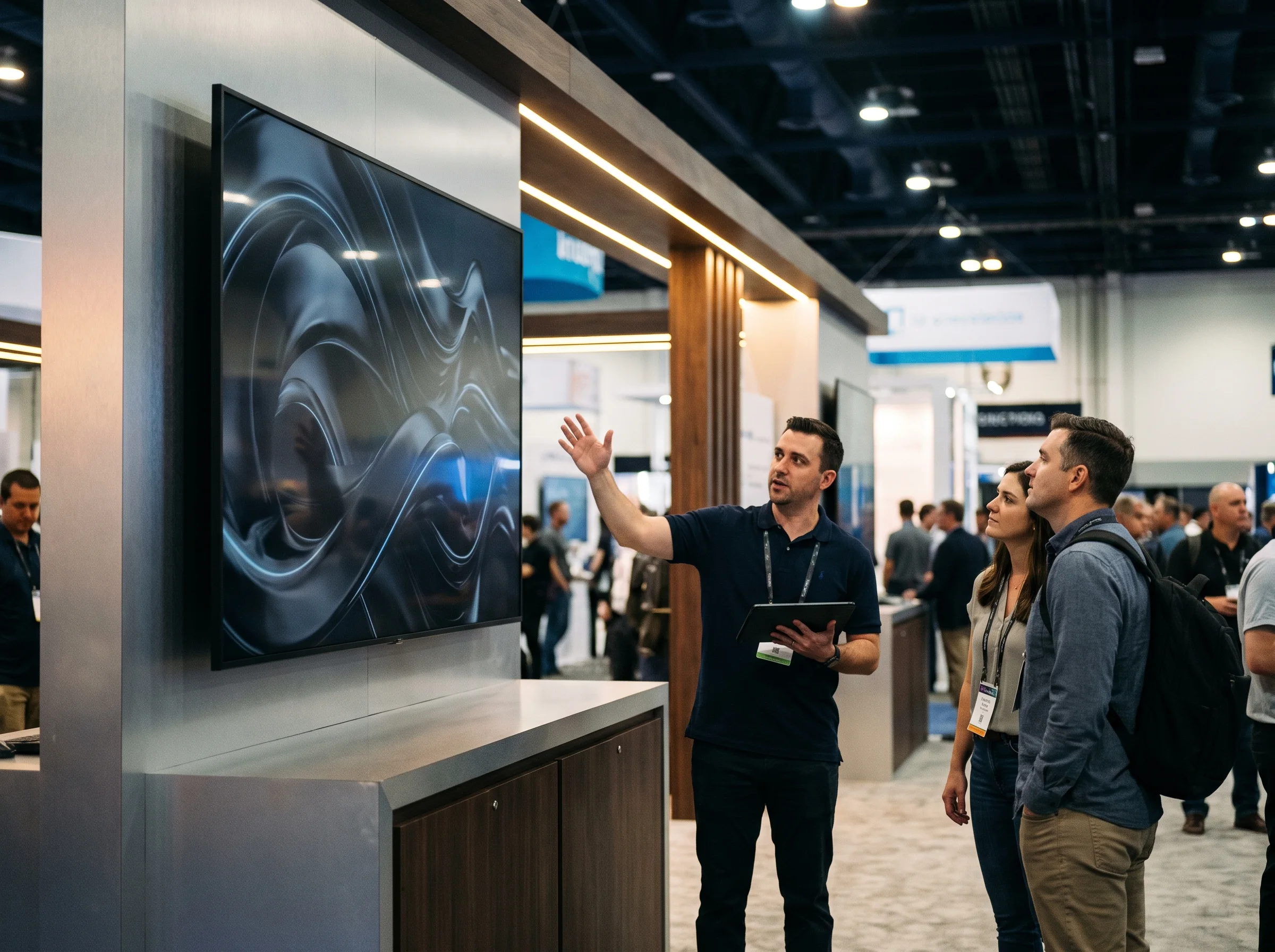 Booth presenter driving a 3D product demo on a large wall display while two attendees watch