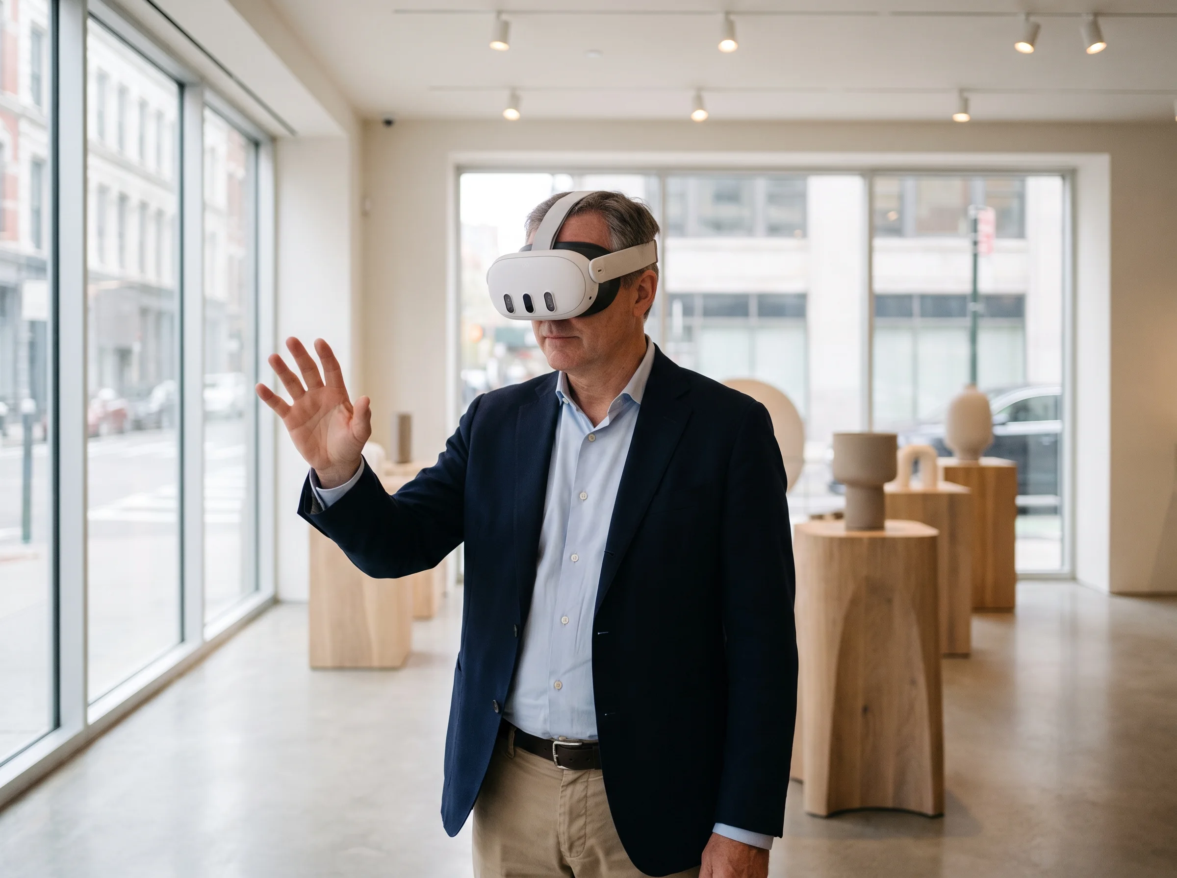 Product specialist in a white Meta Quest headset inspecting a virtual product in a showroom