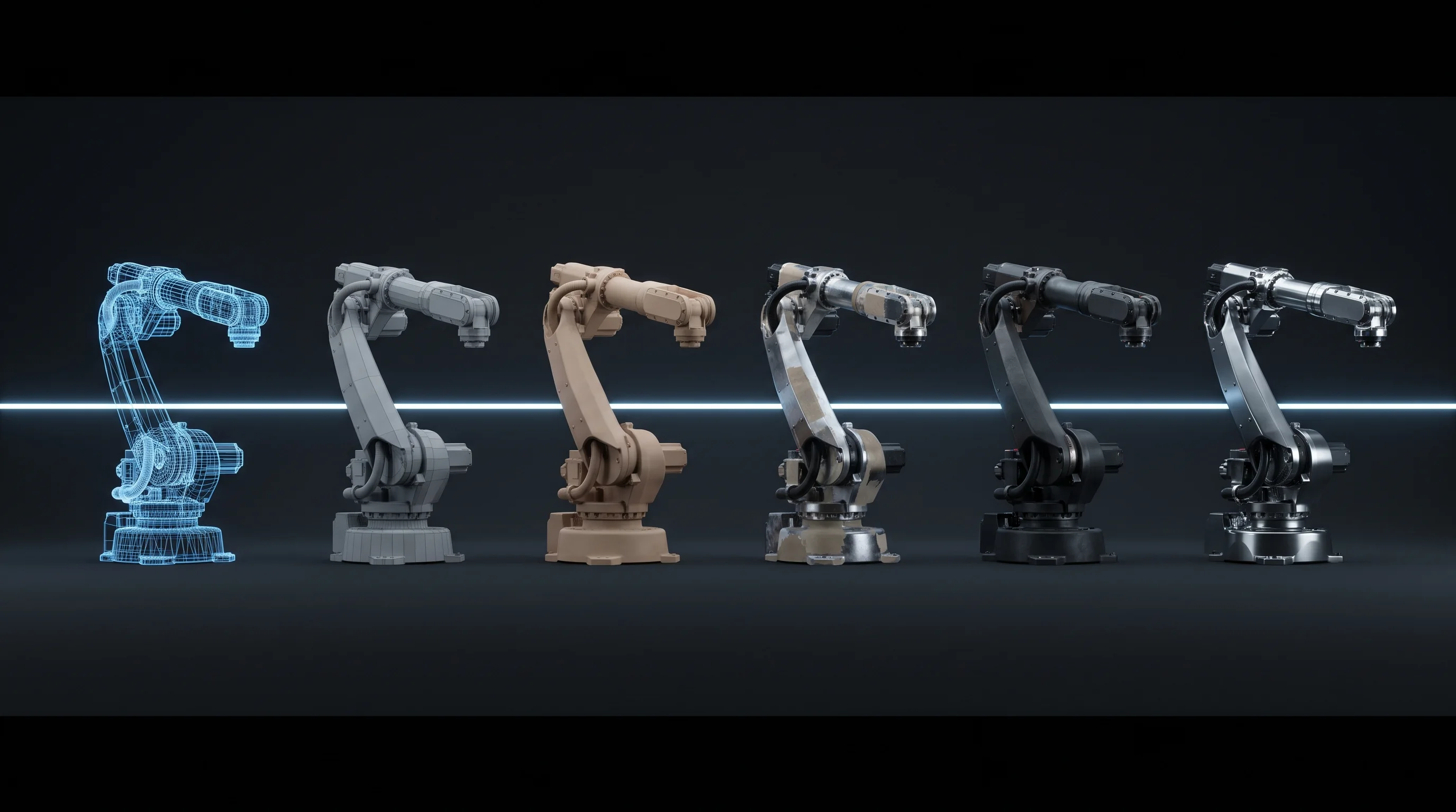 One machine shown across six production stages, from CAD wireframe through to a fully textured real-time model