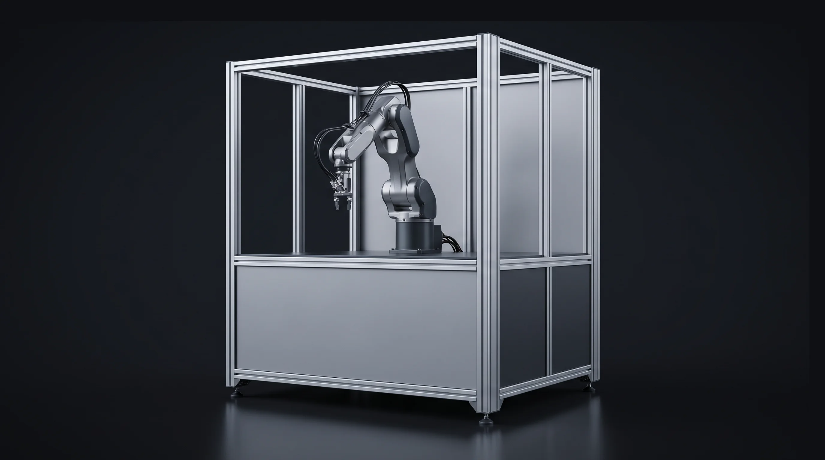 Modular robotic work cell in its base configuration, photographed in a dark studio